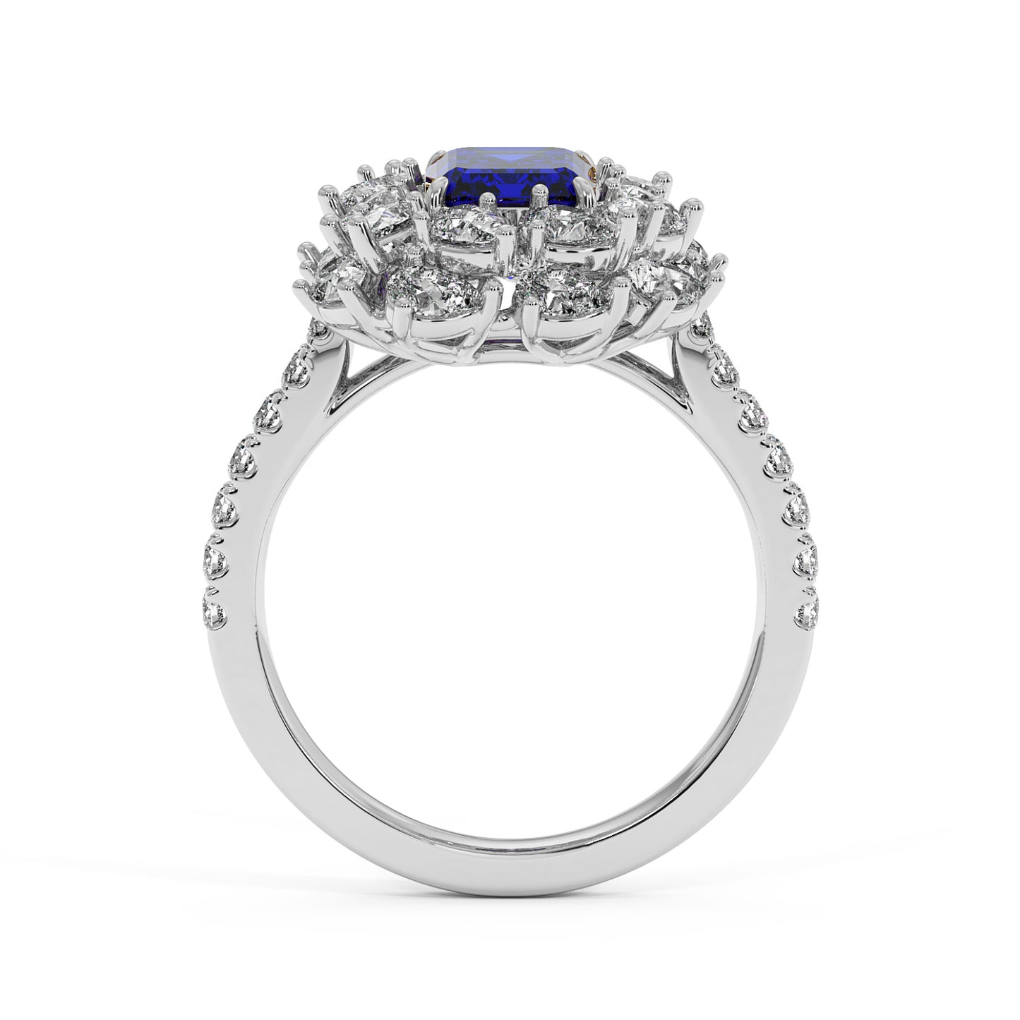 14k white gold ring with a 2.50CT blue sapphire and diamond halo, featuring diamond accents on the band