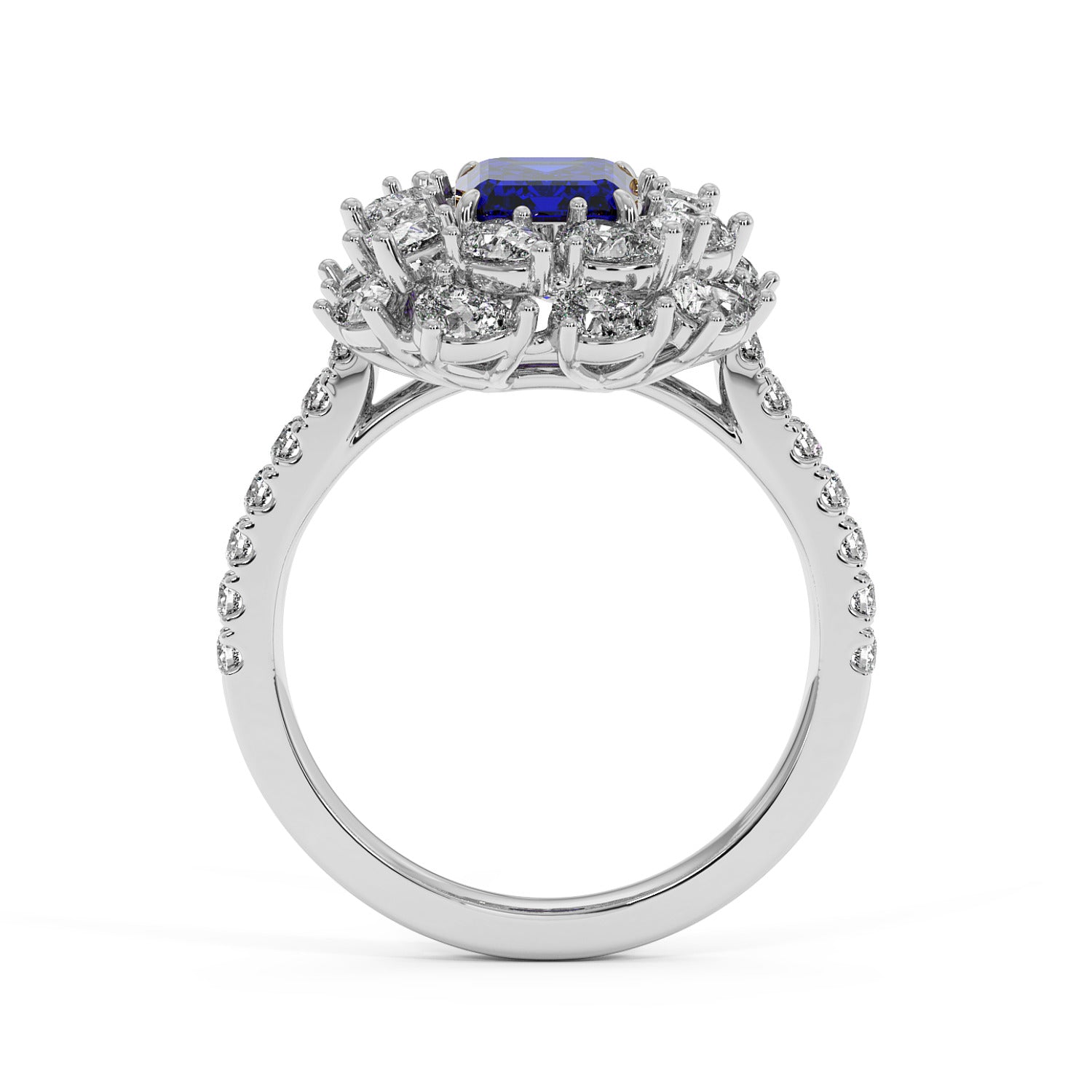 14k white gold ring with a 2.50CT blue sapphire and diamond halo, featuring diamond accents on the band