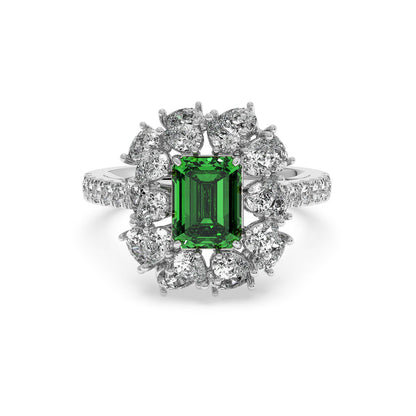 14k white gold ring with 2.50CT green YAG emerald-cut center and diamond halo on a sparkling band