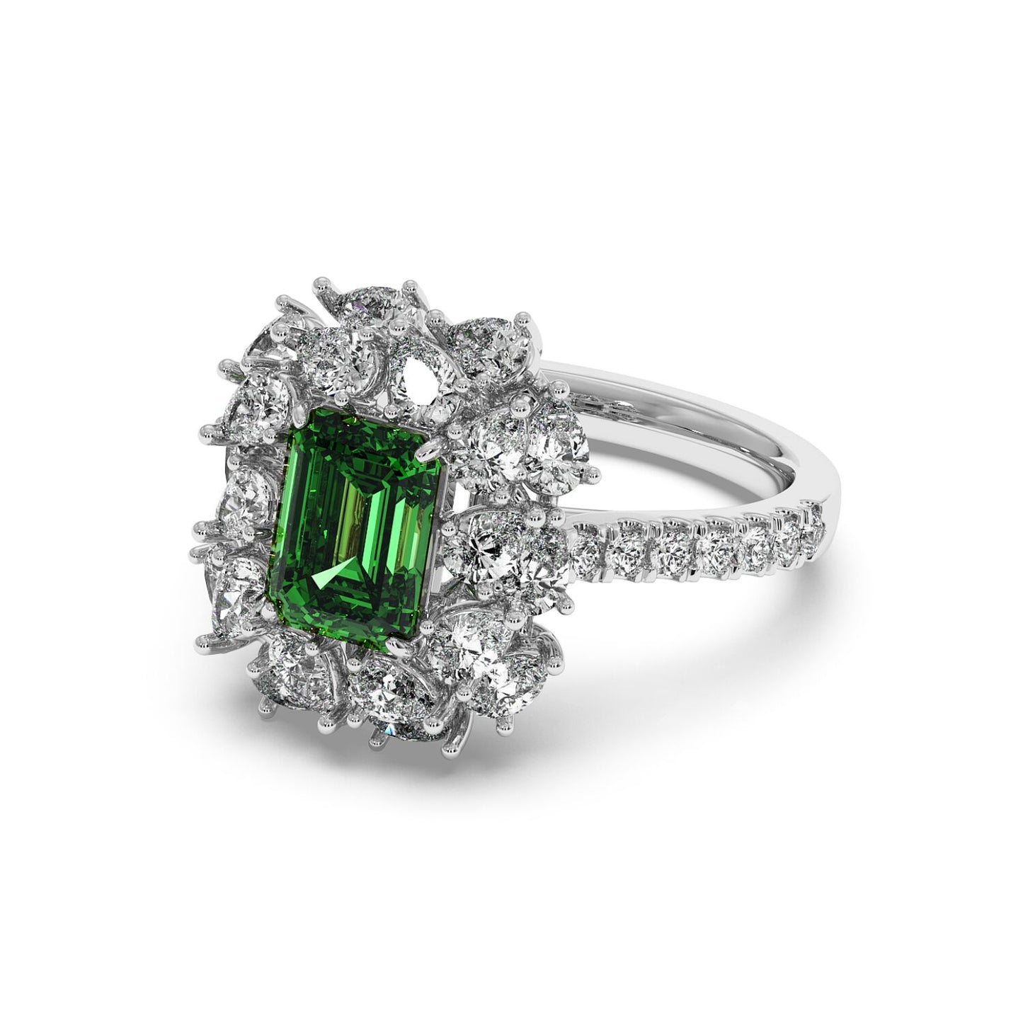 14k white gold ring with a 2.50CT green YAG center surrounded by round diamonds, creating an elegant and luxurious look.