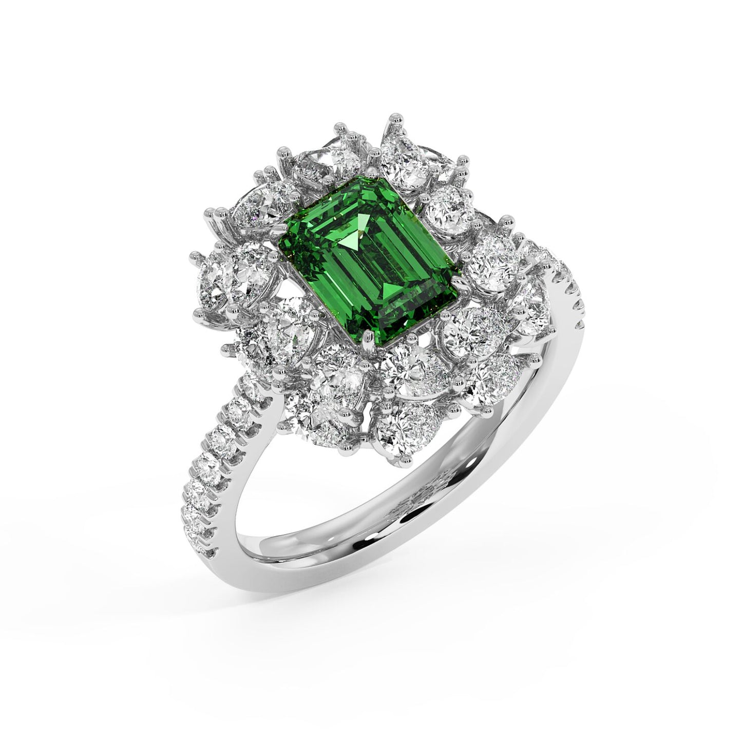 Top view of a 14k white gold ring with 2.50CT green YAG emerald-cut center and diamond halo on a sparkling band