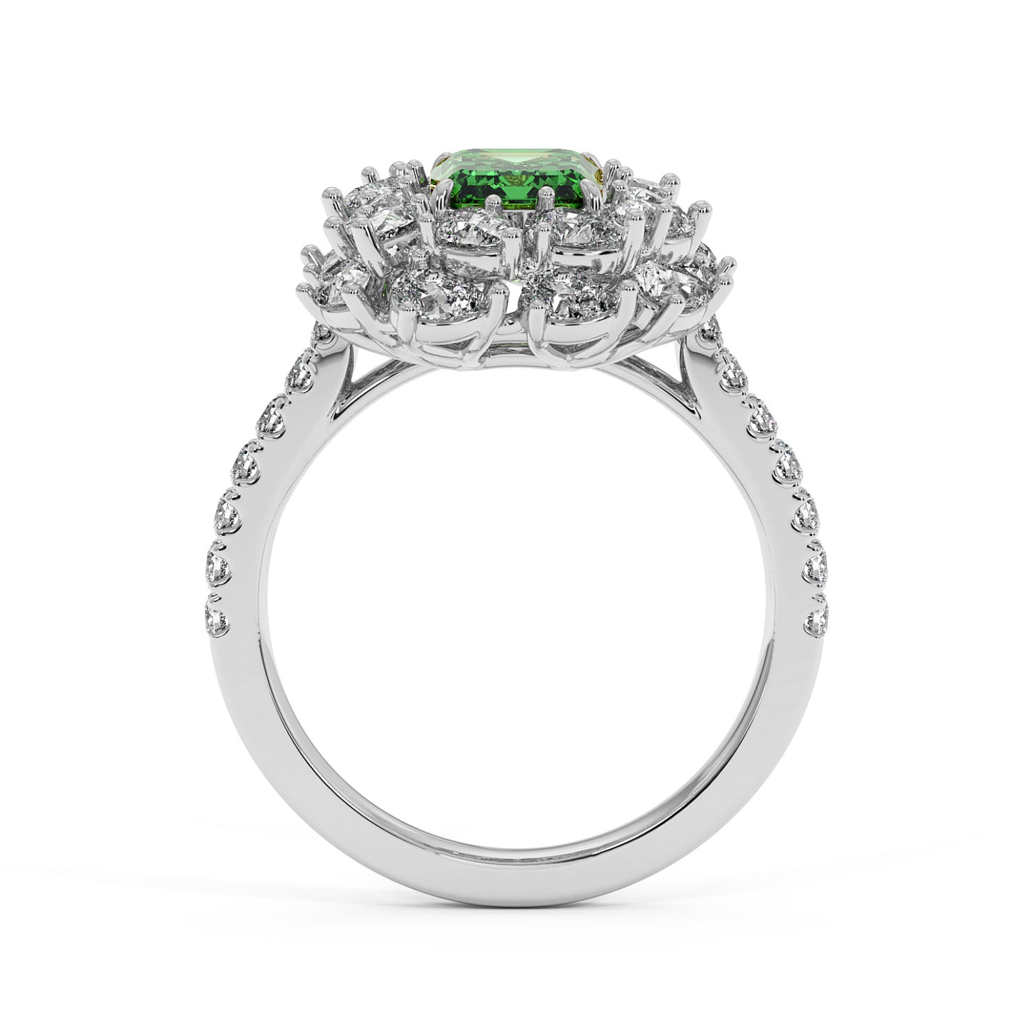 Elegant 14k white gold ring with 2.50CT green YAG and a halo of diamonds on a diamond-studded band.