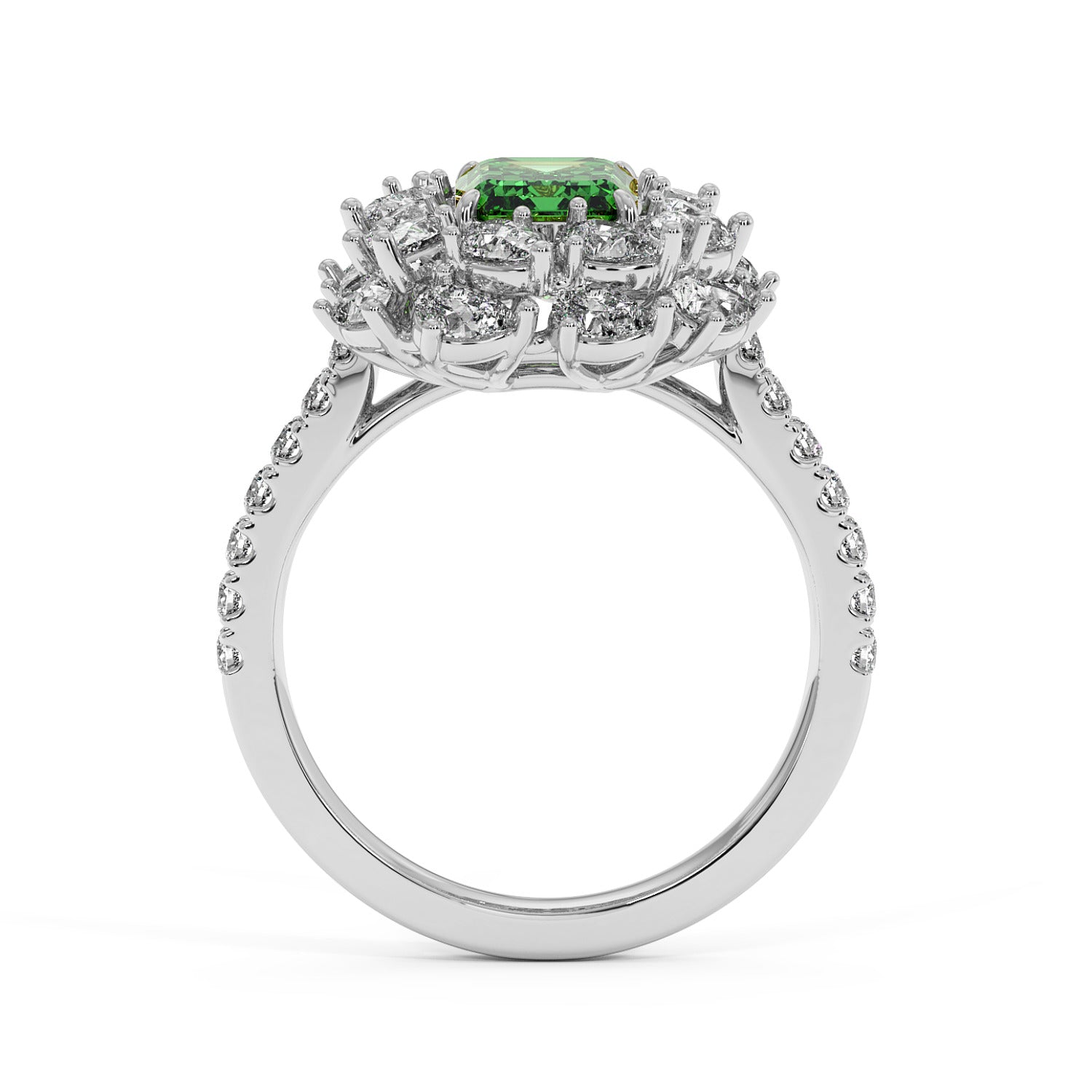 Elegant 14k white gold ring with 2.50CT green YAG and a halo of diamonds on a diamond-studded band.