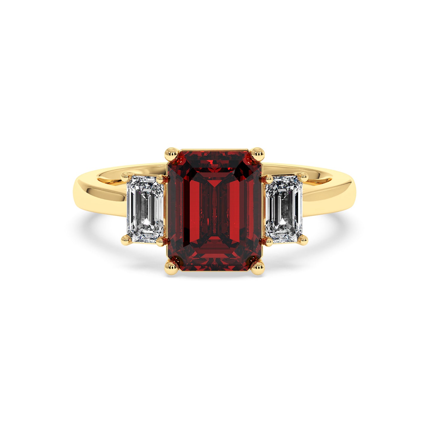 Gold 3.5 carat ruby ring with deep red emerald-cut center stone and two smaller clear emerald-cut stones. Elegant design.
