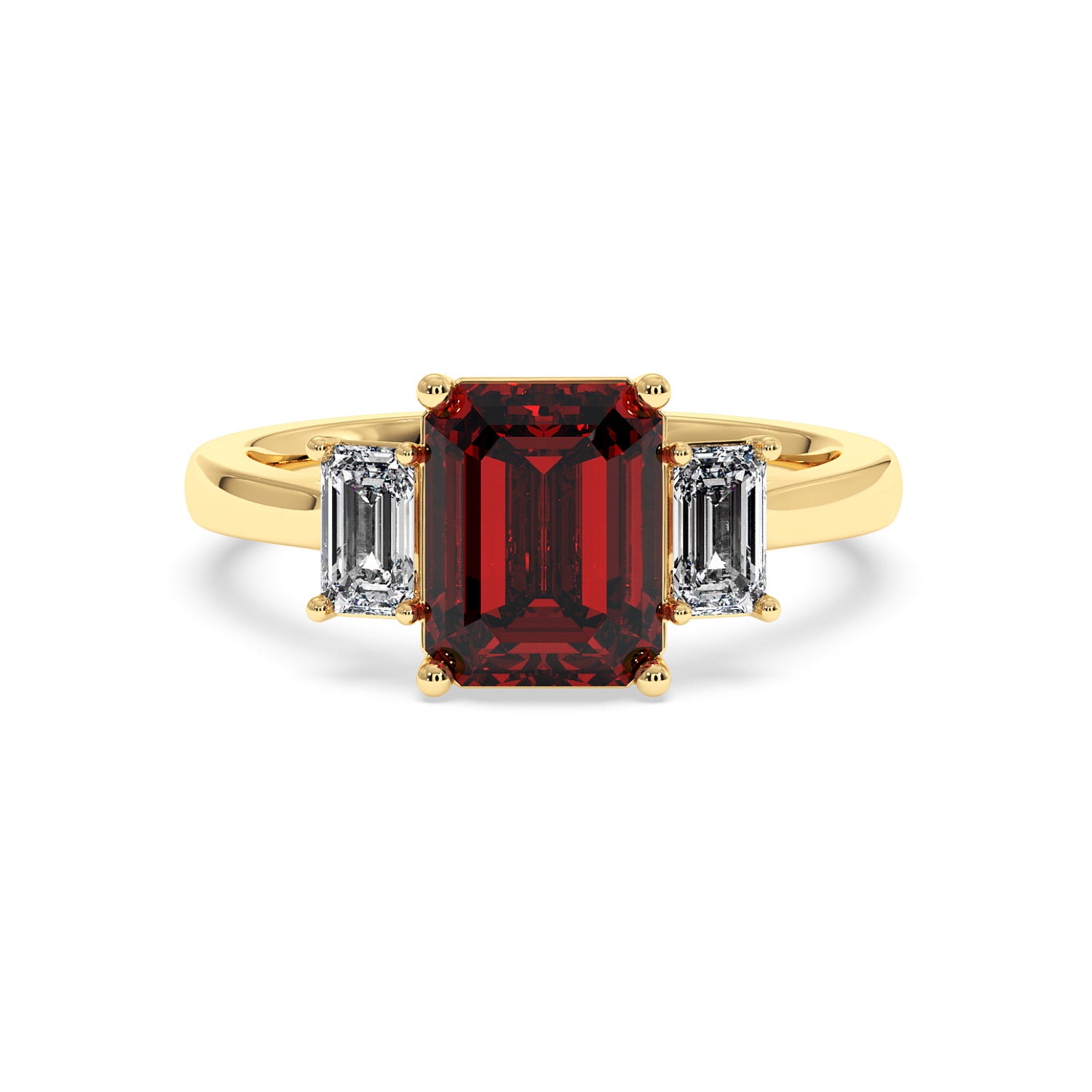 Gold 3.5 carat ruby ring with deep red emerald-cut center stone and two smaller clear emerald-cut stones. Elegant design.