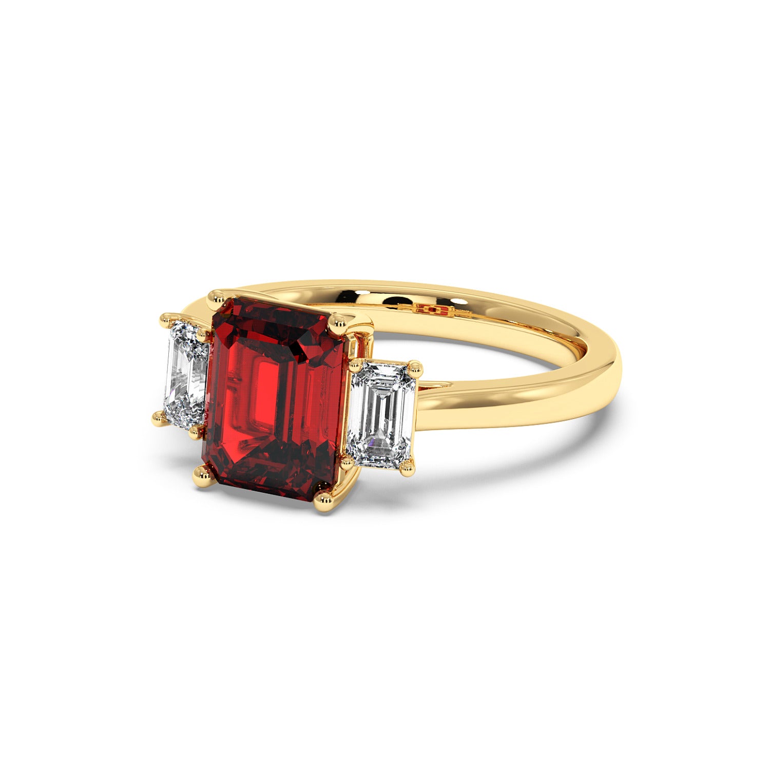Gold 3.5 carat red ruby ring with large rectangular gemstone and two smaller rectangular diamonds. Elegant design.