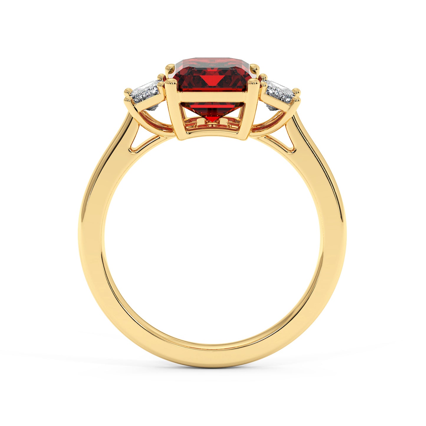 Gold 3.5 carat red ruby ring with large gemstone center and two smaller white gemstones. Elegant and luxurious design.
