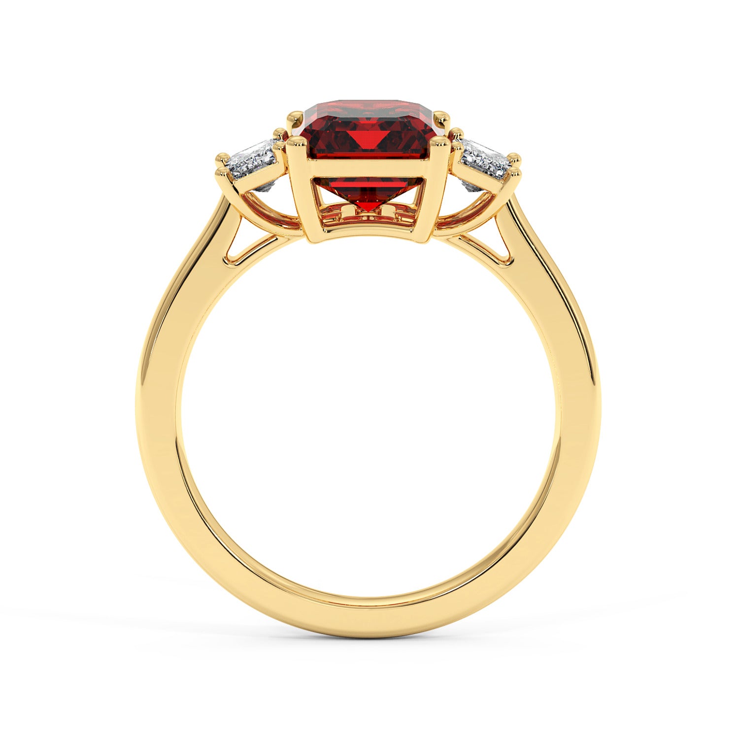 Gold 3.5 carat red ruby ring with large gemstone center and two smaller white gemstones. Elegant and luxurious design.