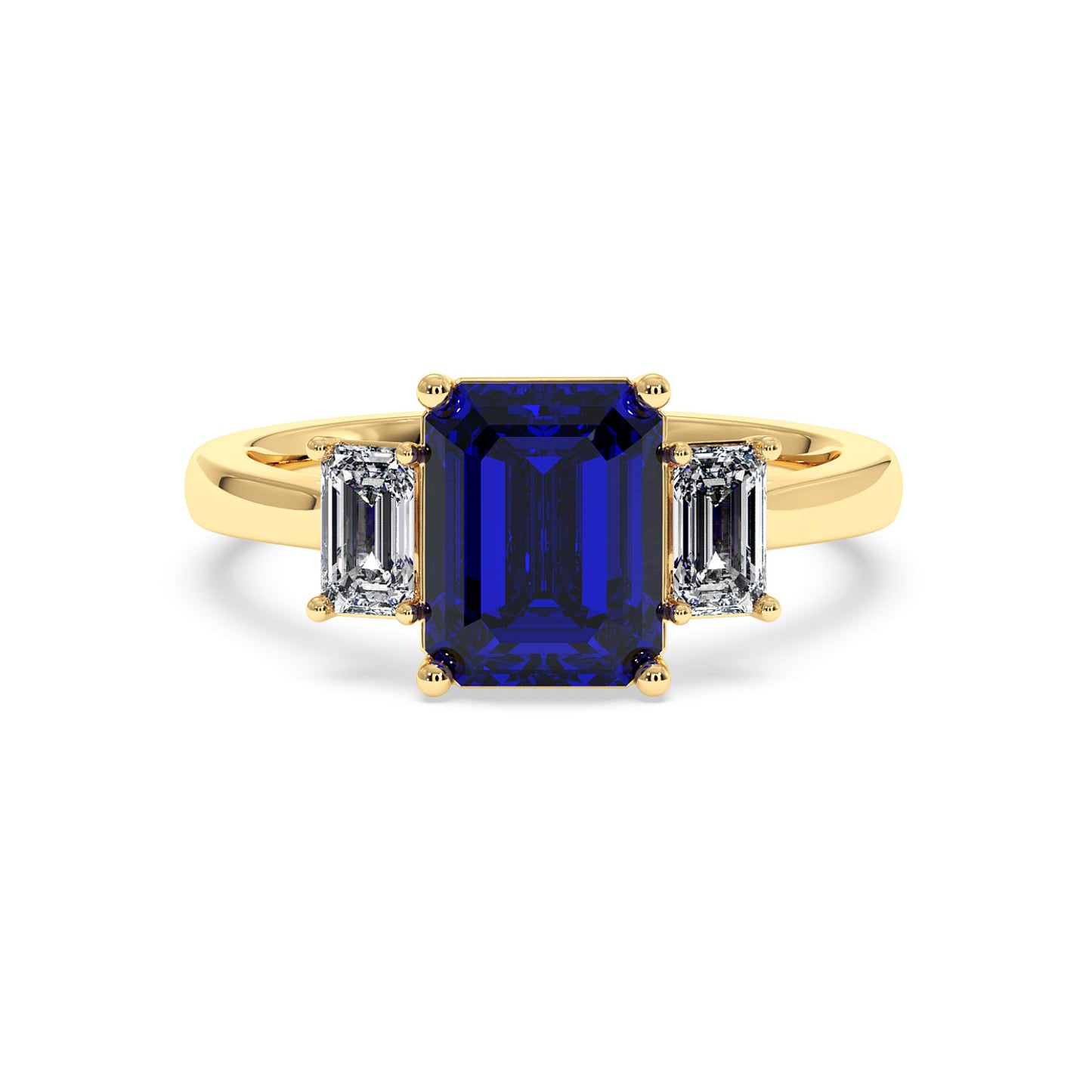 Elegant gold 3.5 carat blue sapphire ring with large rectangular gemstone and two smaller diamonds. Luxurious design.