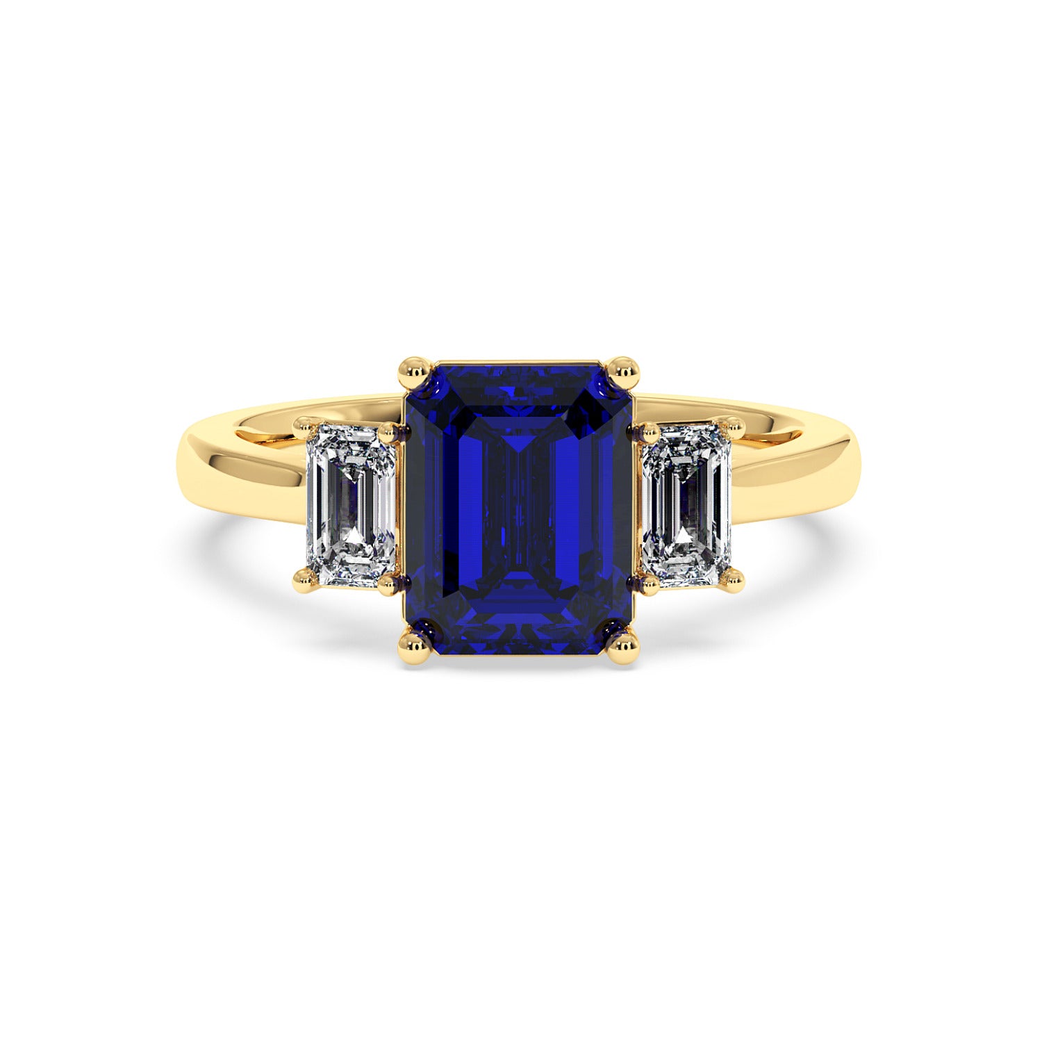 Elegant gold 3.5 carat blue sapphire ring with large rectangular gemstone and two smaller diamonds. Luxurious design.