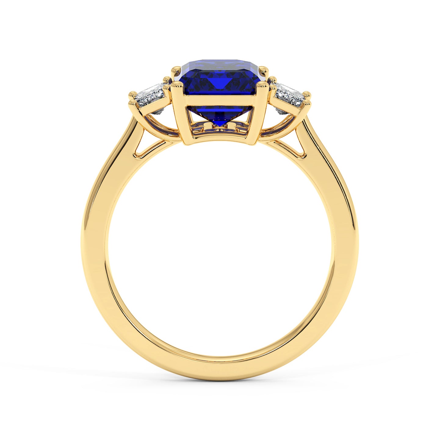 Gold 3.5 carat blue sapphire ring with large blue gemstone and two smaller white diamonds. Elegant, luxurious design.