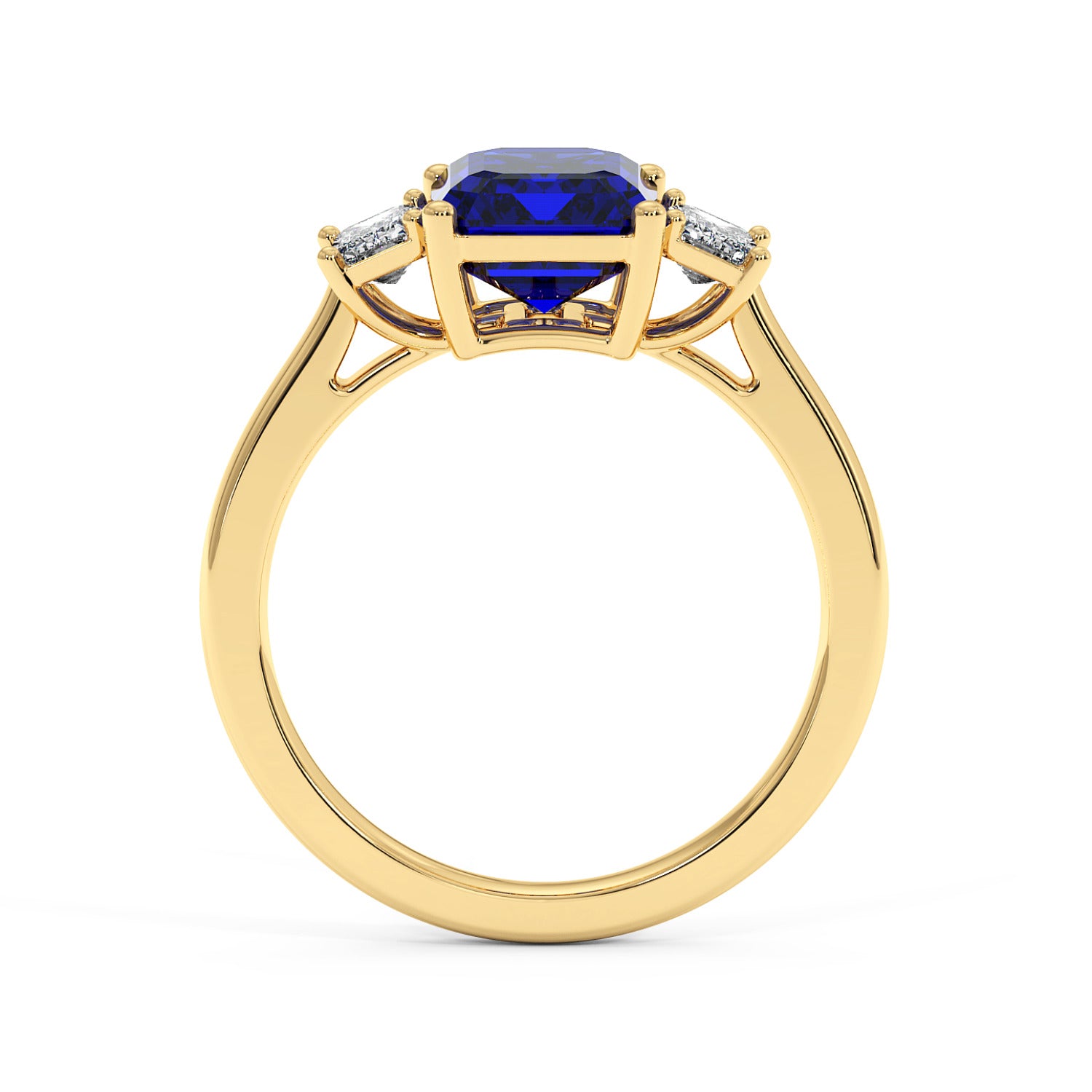 Gold 3.5 carat blue sapphire ring with large blue gemstone and two smaller white diamonds. Elegant, luxurious design.