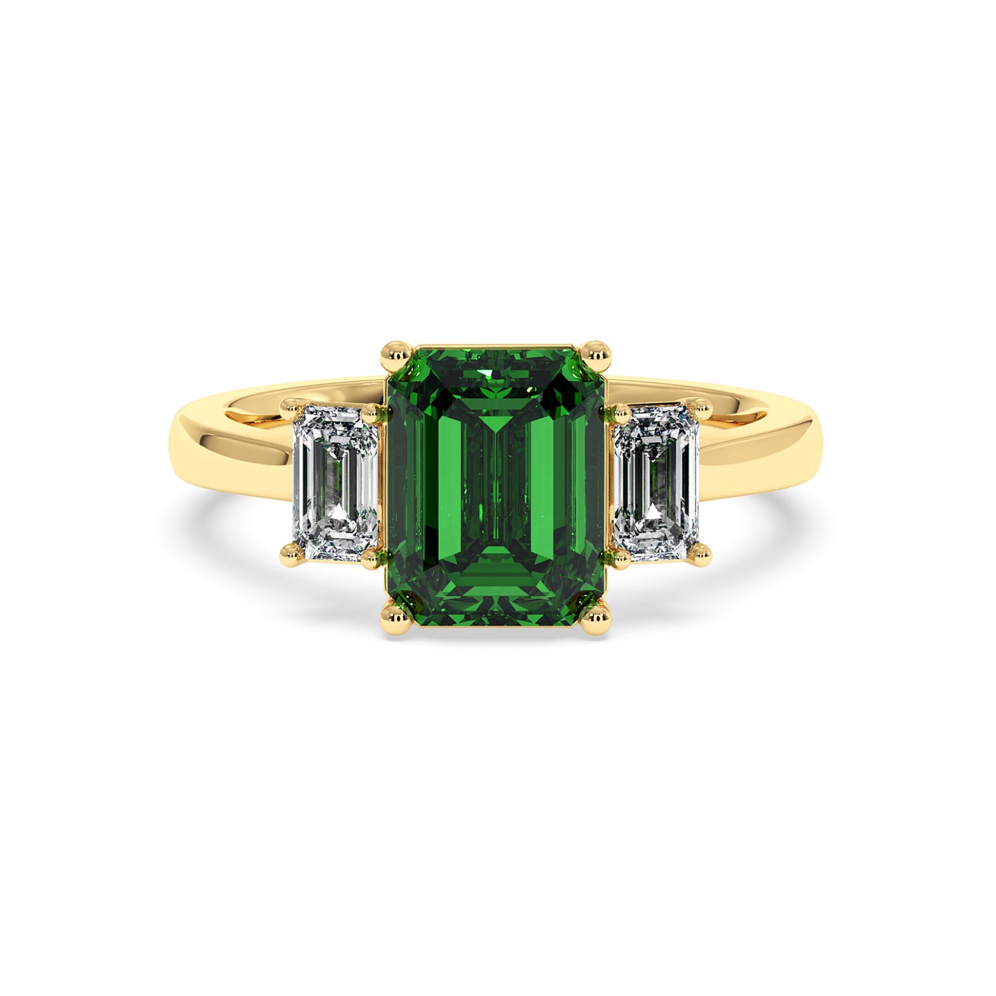 Gold 3.5 carat green YAG ring with large rectangular center gemstone and two smaller rectangular clear stones. Elegant design.