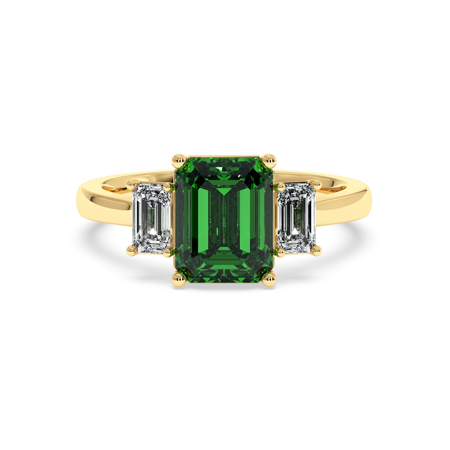 Gold 3.5 carat green YAG ring with large rectangular center gemstone and two smaller rectangular clear stones. Elegant design.
