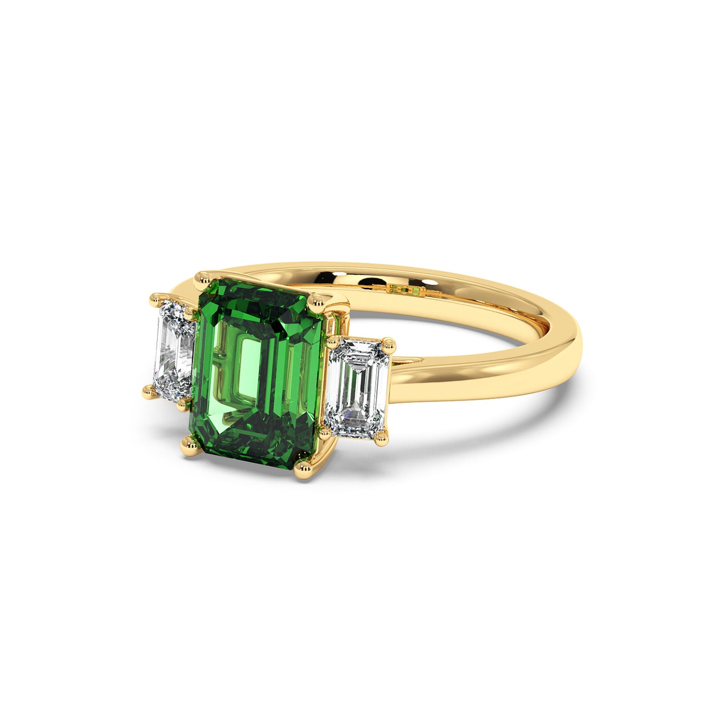 Gold 3.5 carat green YAG ring with emerald-cut center gemstone and two rectangular white diamonds. Elegant, luxurious design.