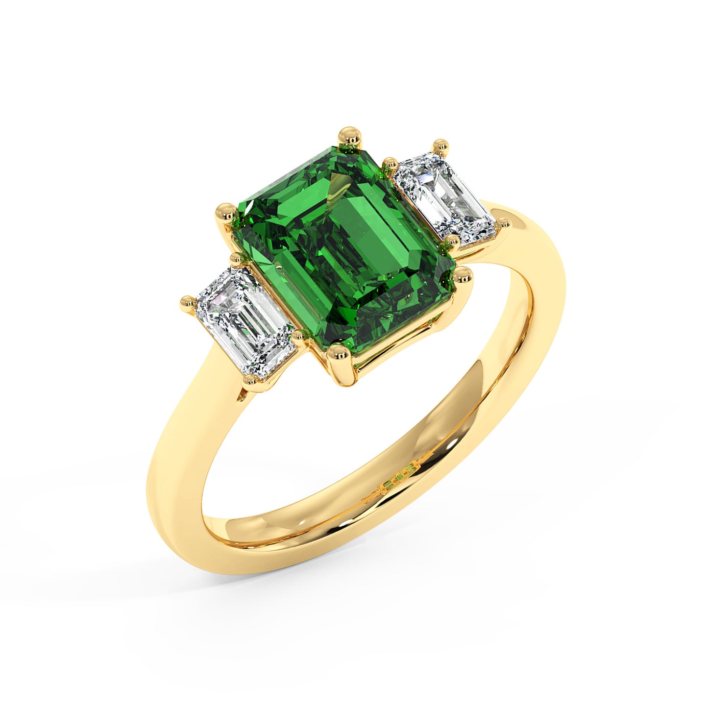Top view of gold 3.5 carat green YAG ring with emerald-cut center gem and two rectangular white diamonds. Elegant design.