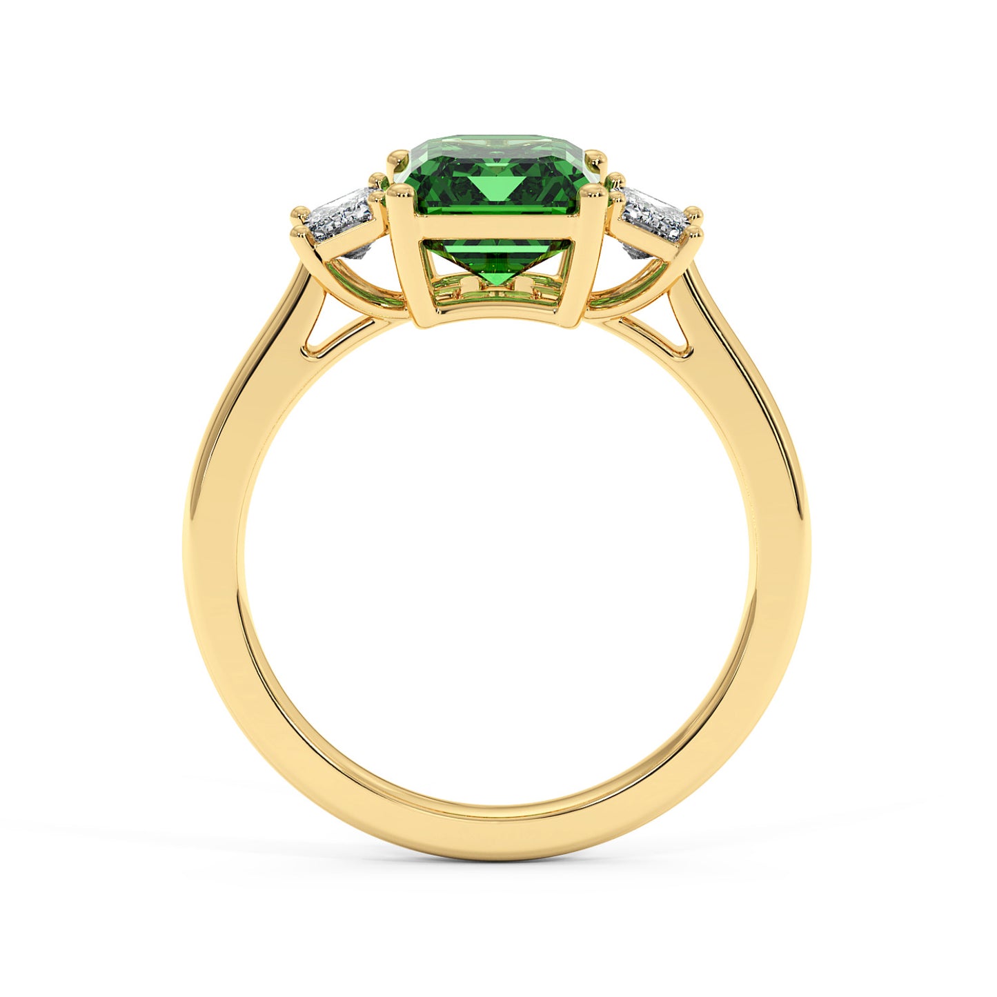 Gold 3.5 carat green YAG ring with vibrant center gemstone and two smaller white stones. Elegant and sophisticated design.