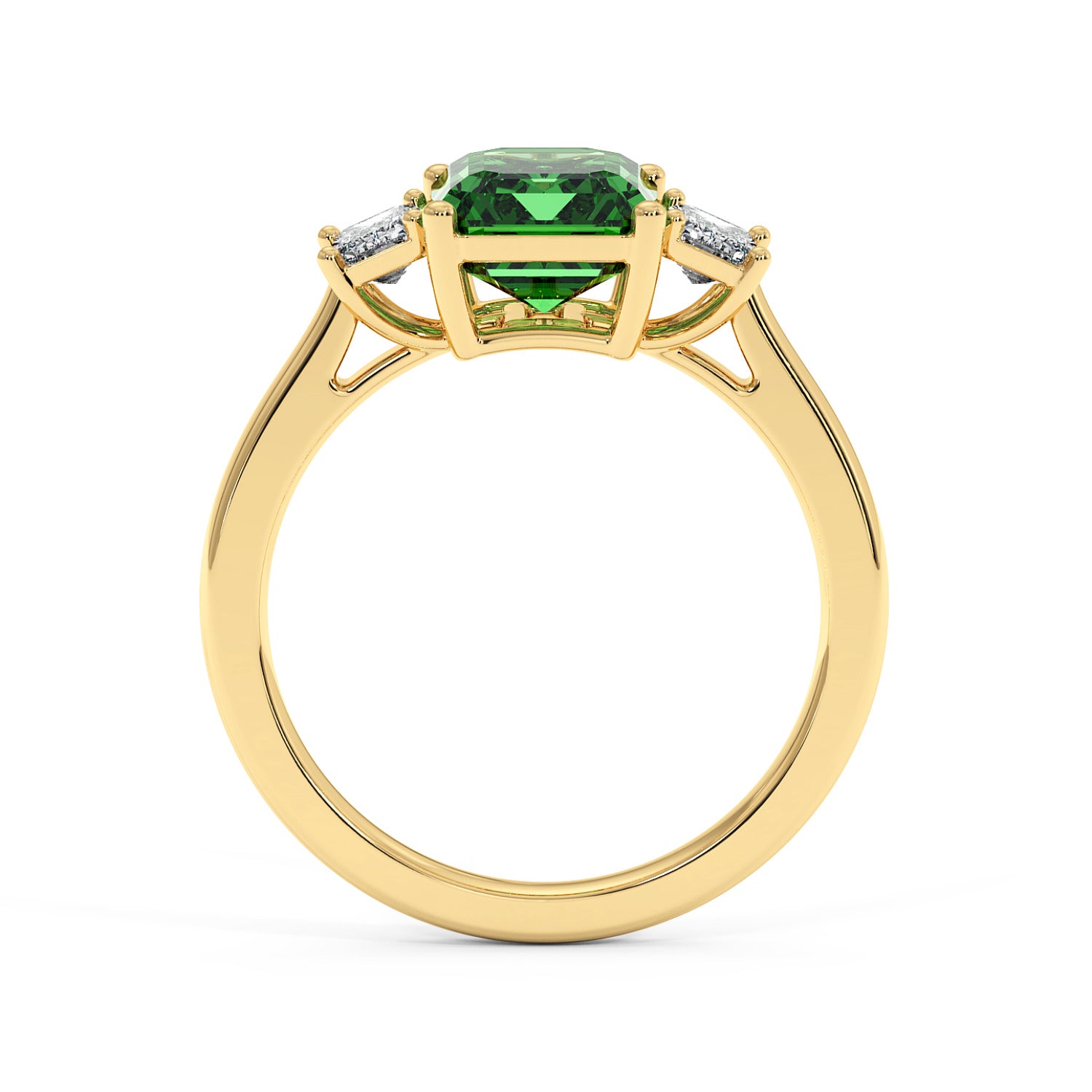 Gold 3.5 carat green YAG ring with vibrant center gemstone and two smaller white stones. Elegant and sophisticated design.