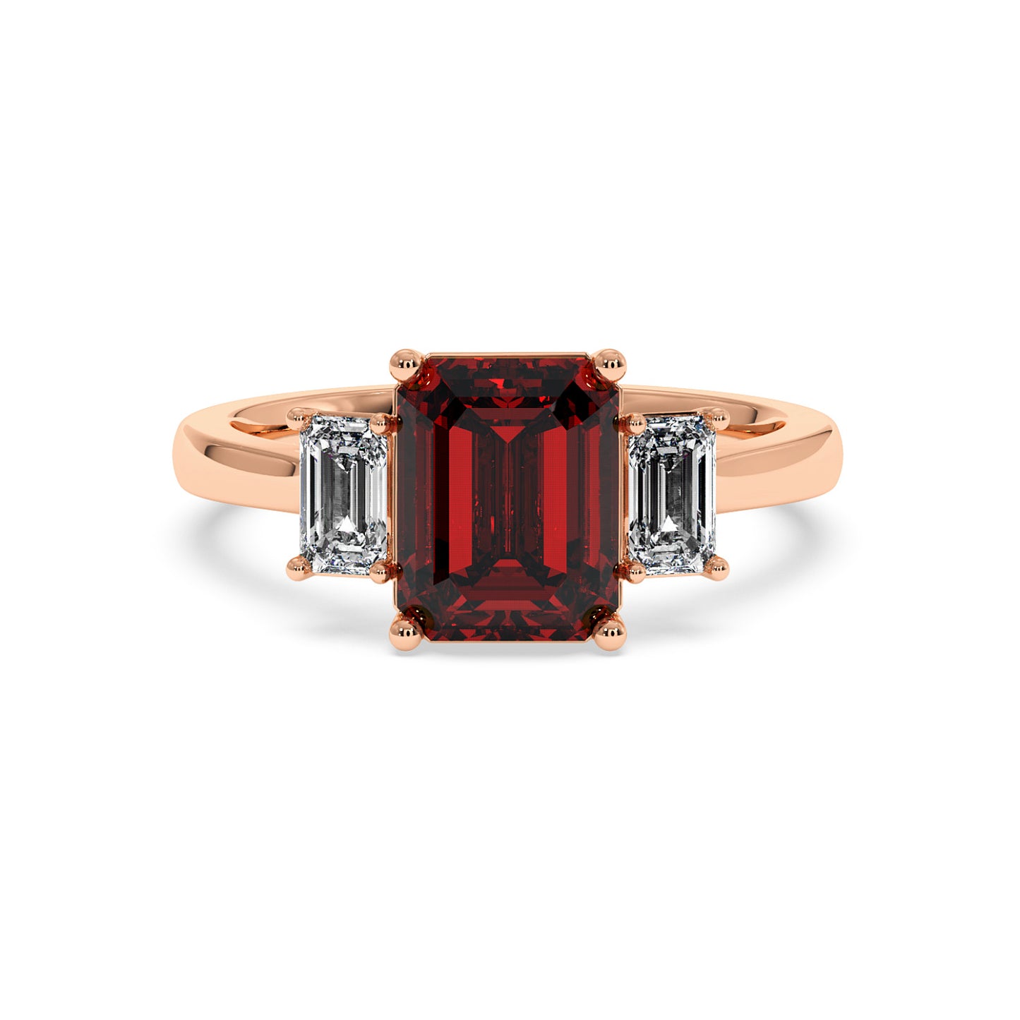 Rose gold 3.5 carat emerald cut ring with red center stone and two side diamonds. Elegant design.
