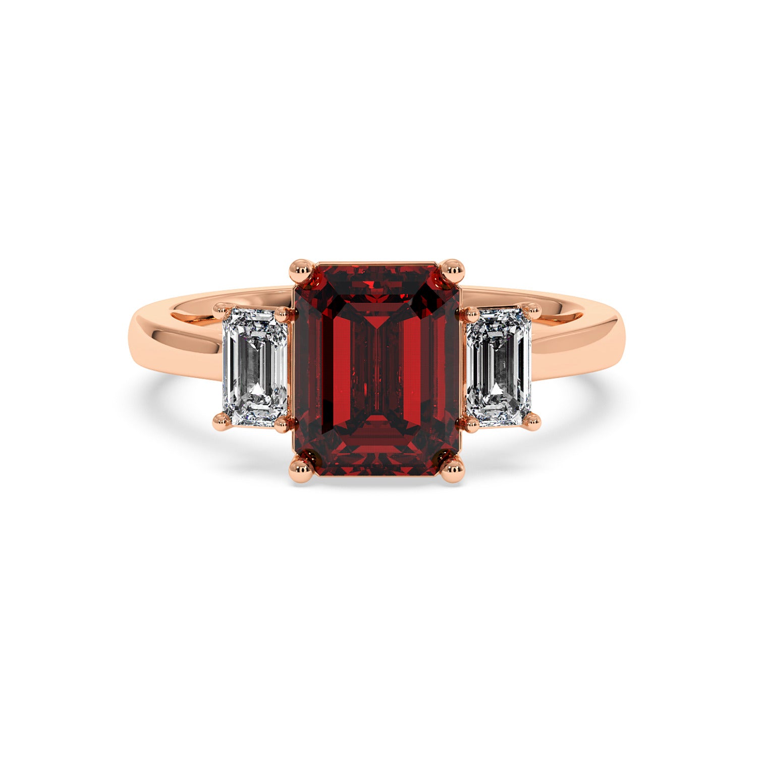 Rose gold 3.5 carat emerald cut ring with red center stone and two side diamonds. Elegant design.
