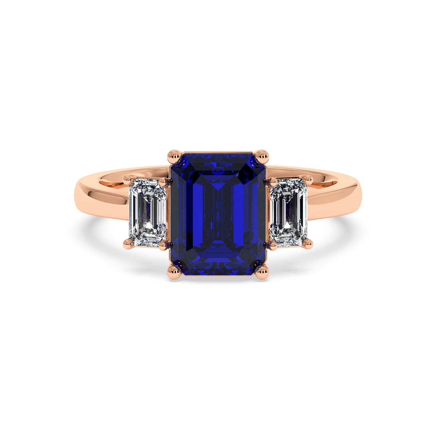 Elegant rose gold 3.5 carat blue sapphire ring with emerald-cut center stone and two diamond sides