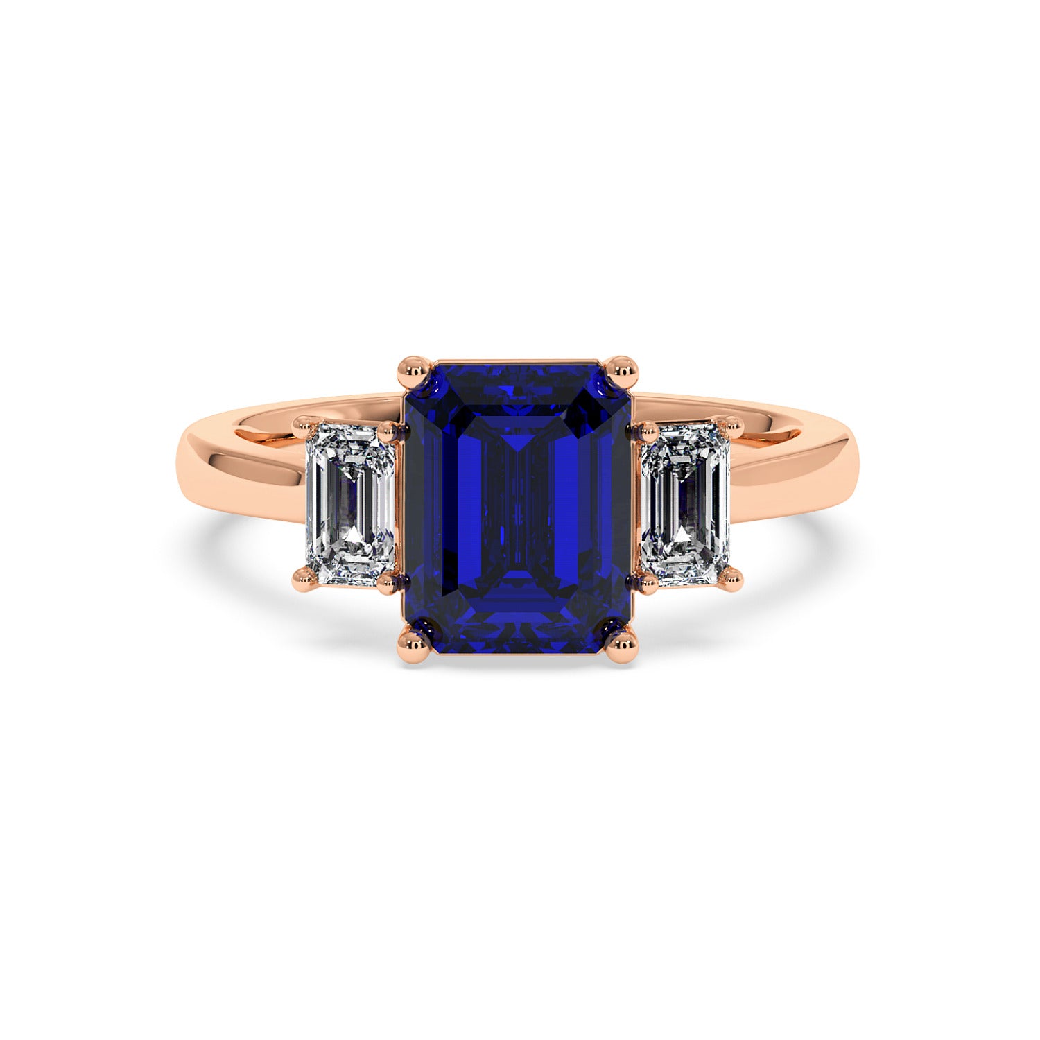Elegant rose gold 3.5 carat blue sapphire ring with emerald-cut center stone and two diamond sides