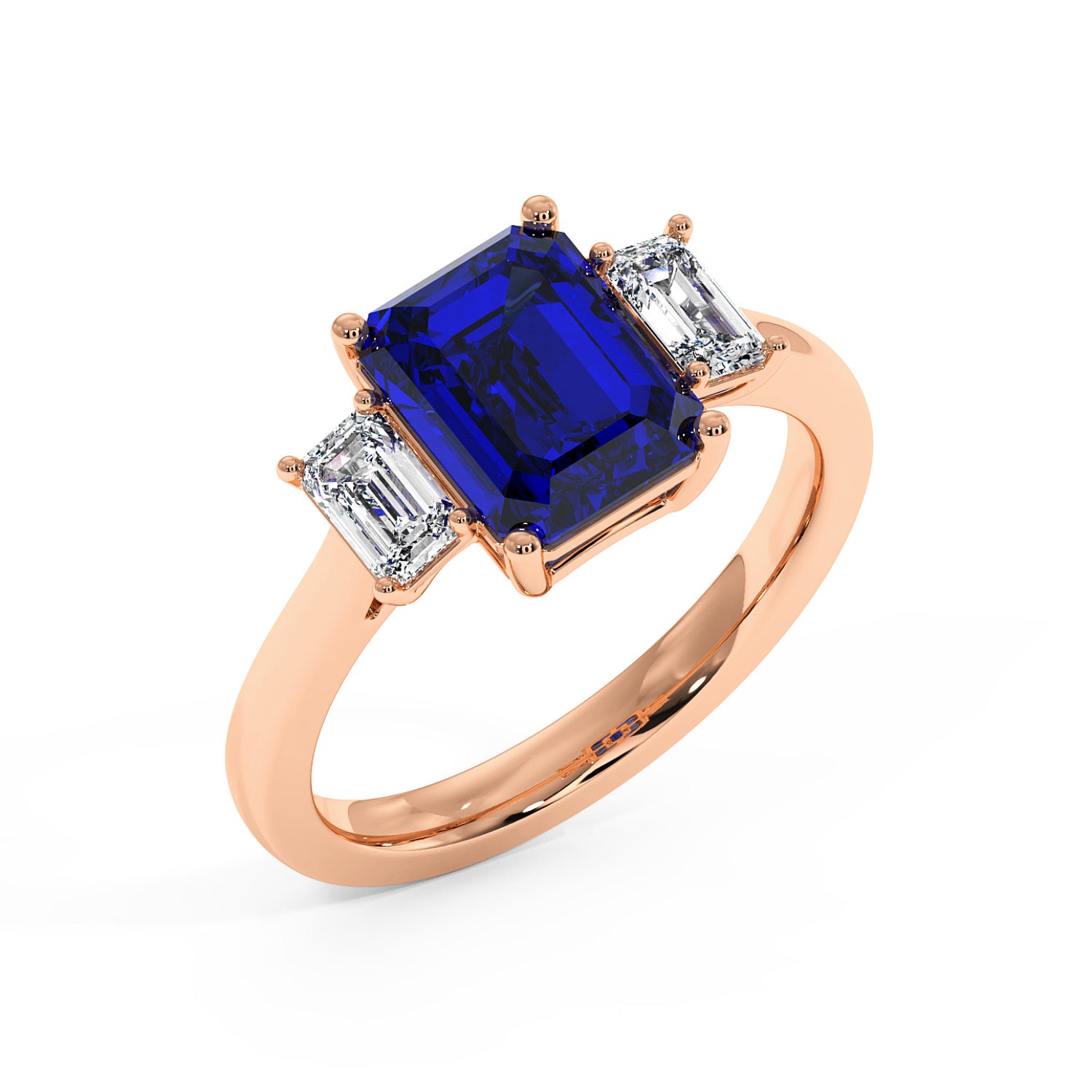 Top view of elegant rose gold 3.5 carat blue sapphire ring with emerald-cut center stone and two diamonds