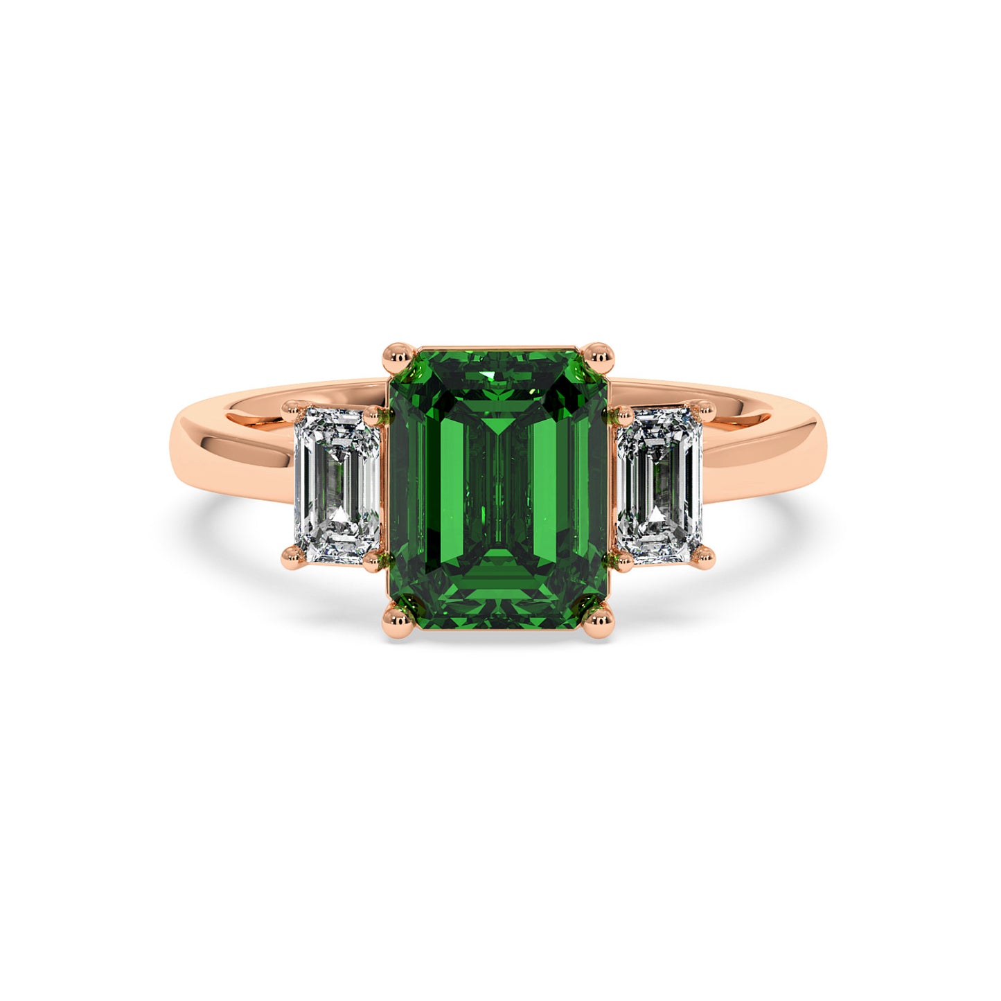 Rose gold 3.5 carat emerald cut ring with green gemstone and two smaller emerald-cut diamonds. Elegant look.
