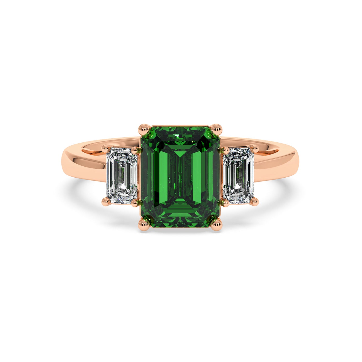 Rose gold 3.5 carat emerald cut ring with green gemstone and two smaller emerald-cut diamonds. Elegant look.