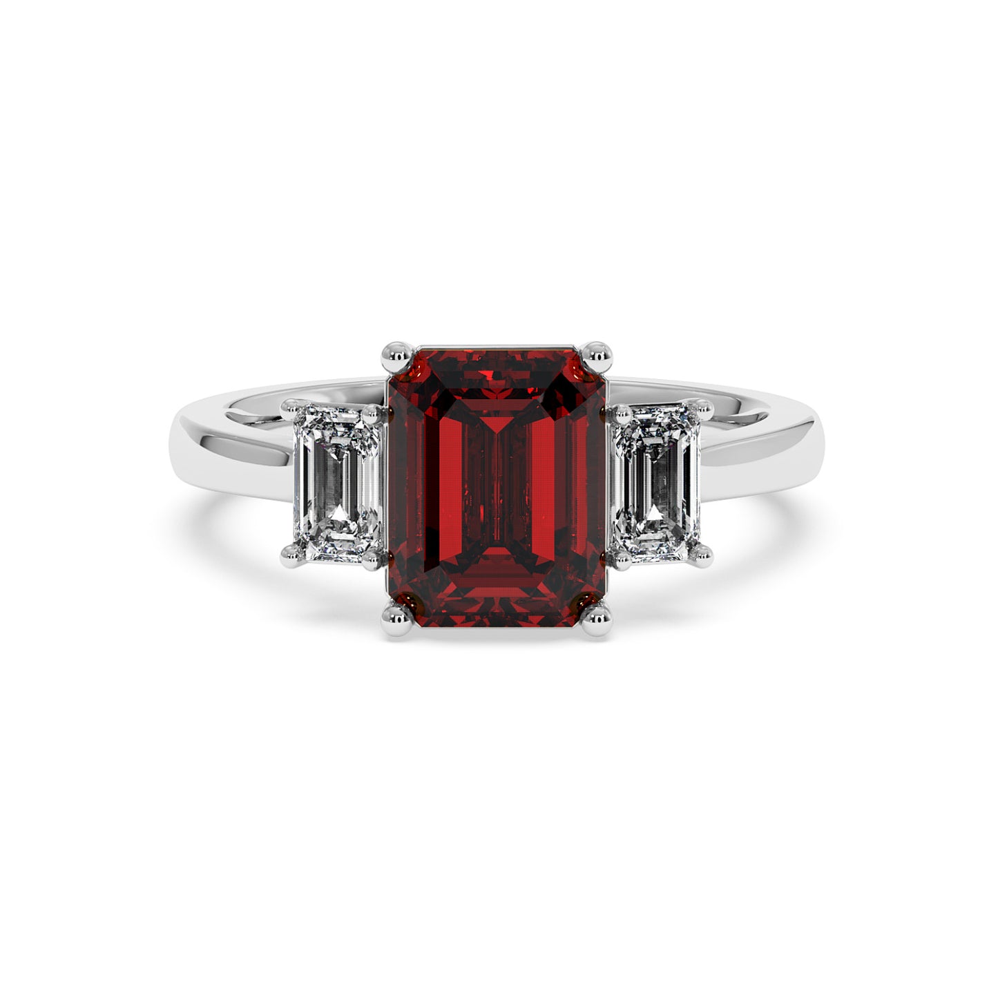 14k white gold 3.5 carat emerald cut ring with deep red gemstone centered and two smaller emerald-cut diamonds.