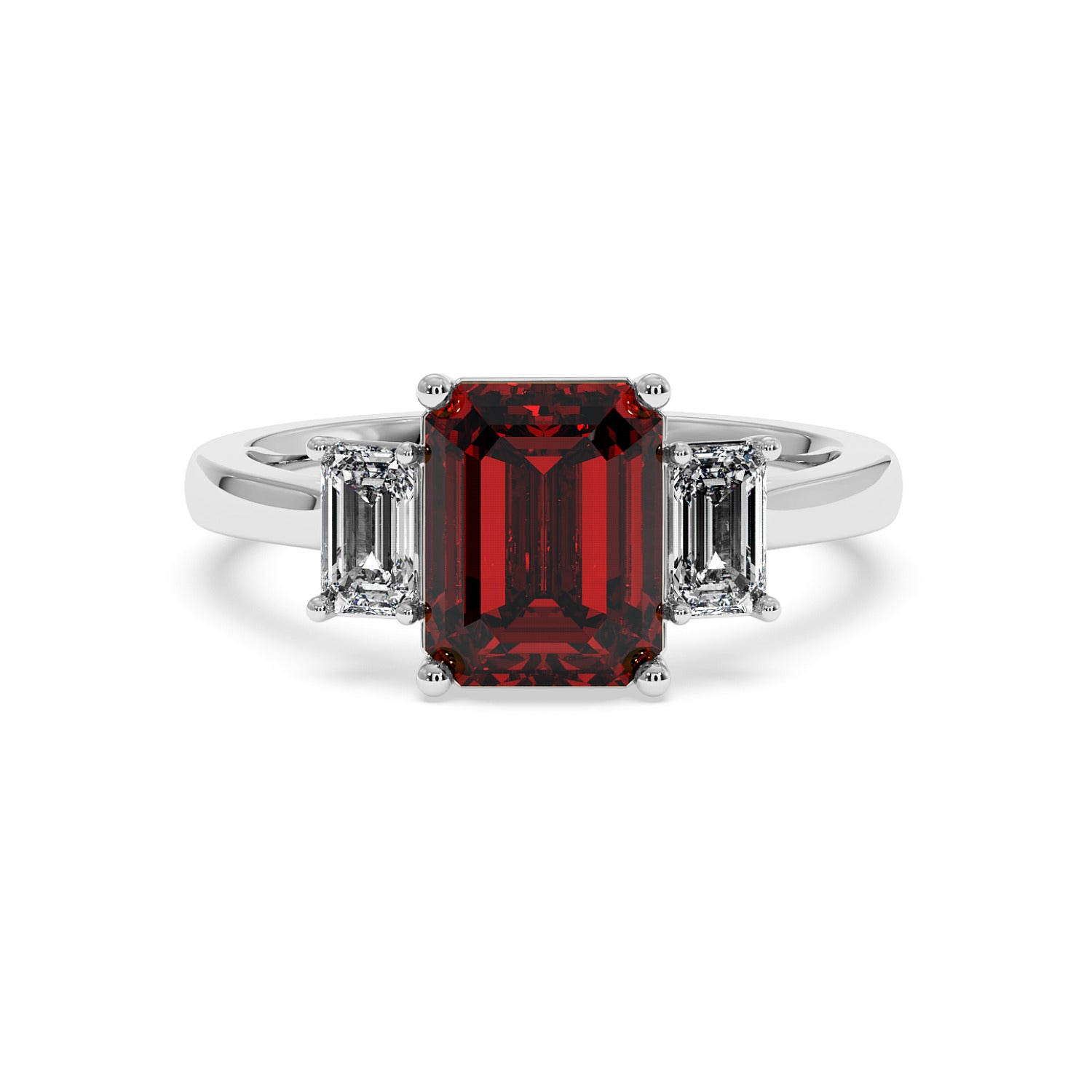 14k white gold 3.5 carat emerald cut ring with deep red gemstone centered and two smaller emerald-cut diamonds.