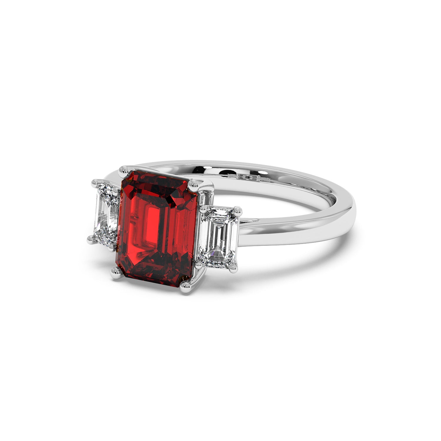 14k white gold 3.5 carat emerald cut ring with red gemstone and two smaller clear rectangular stones.