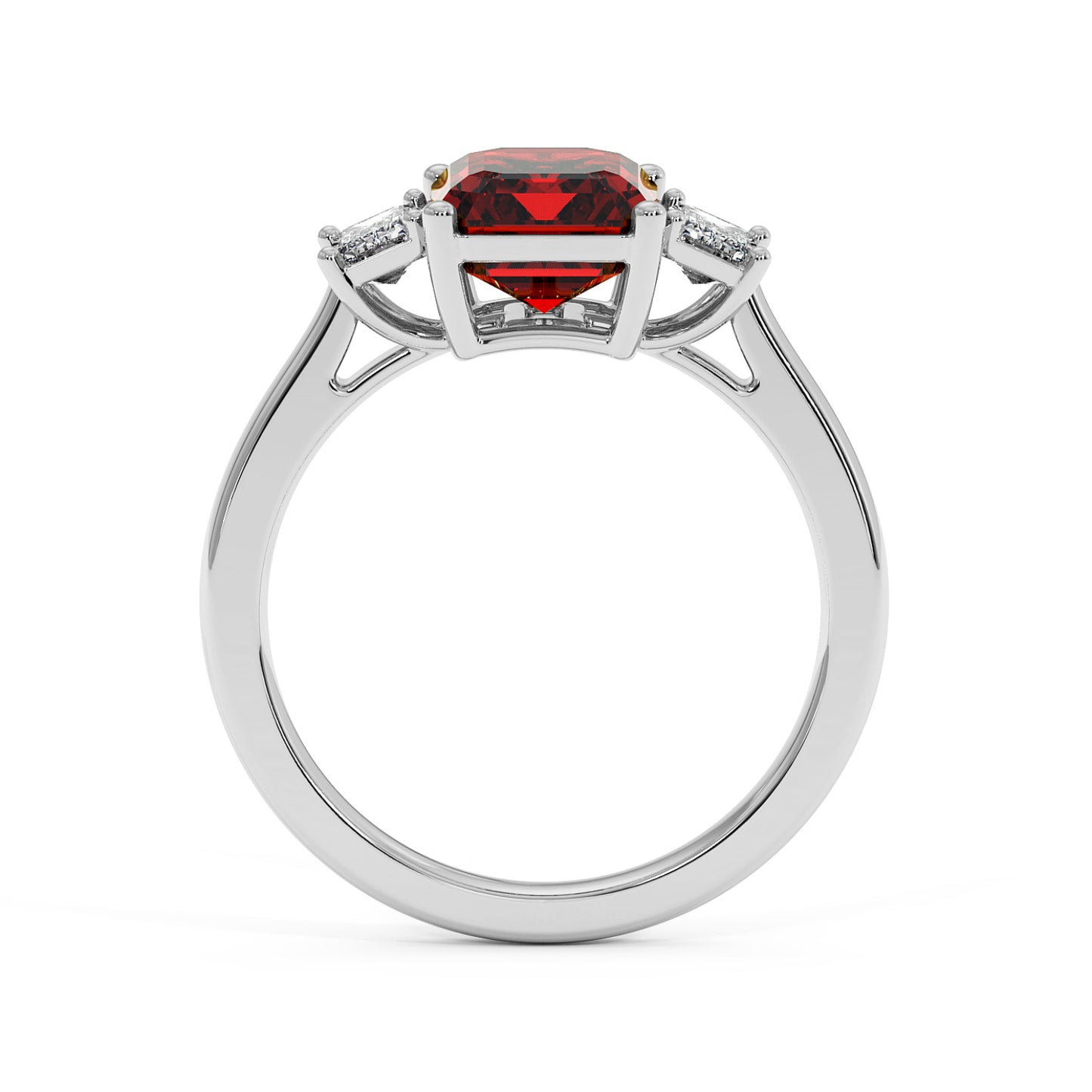 14k white gold 3.5 carat emerald cut ring with red gemstone and two smaller clear stones. Elegant style.