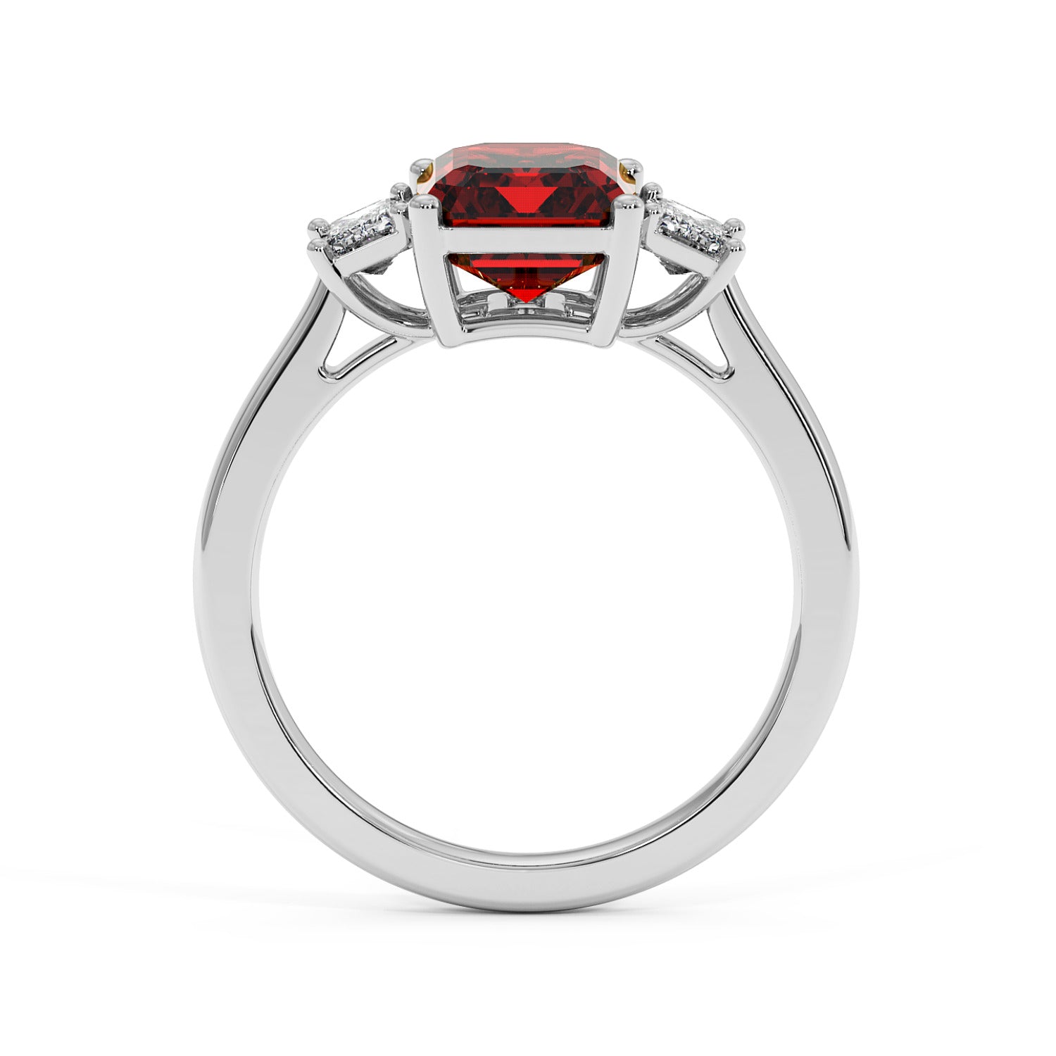 14k white gold 3.5 carat emerald cut ring with red gemstone and two smaller clear stones. Elegant style.