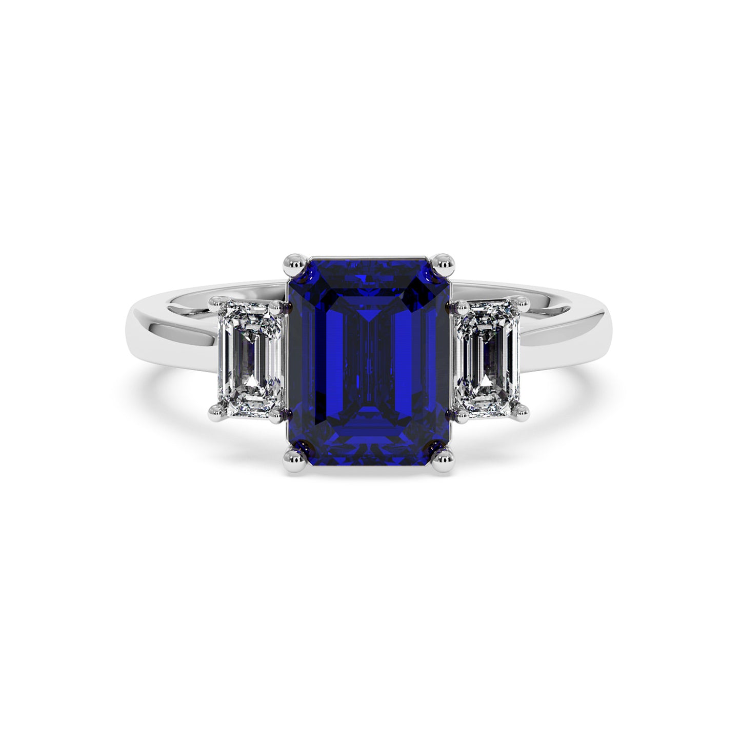 Luxurious 14k white gold 3.5 carat blue sapphire ring with emerald-cut center stone and two smaller rectangular diamonds.
