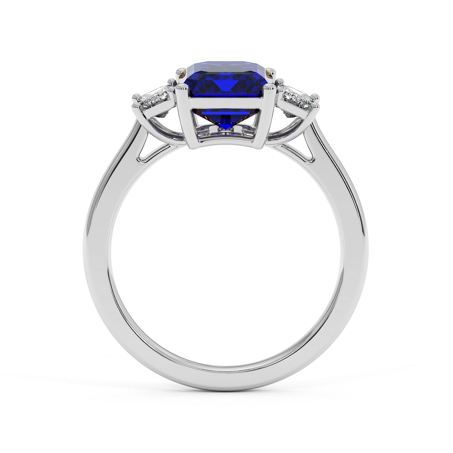 14k white gold 3.5 carat blue sapphire ring with large center gemstone and two smaller clear stones. Elegant design.