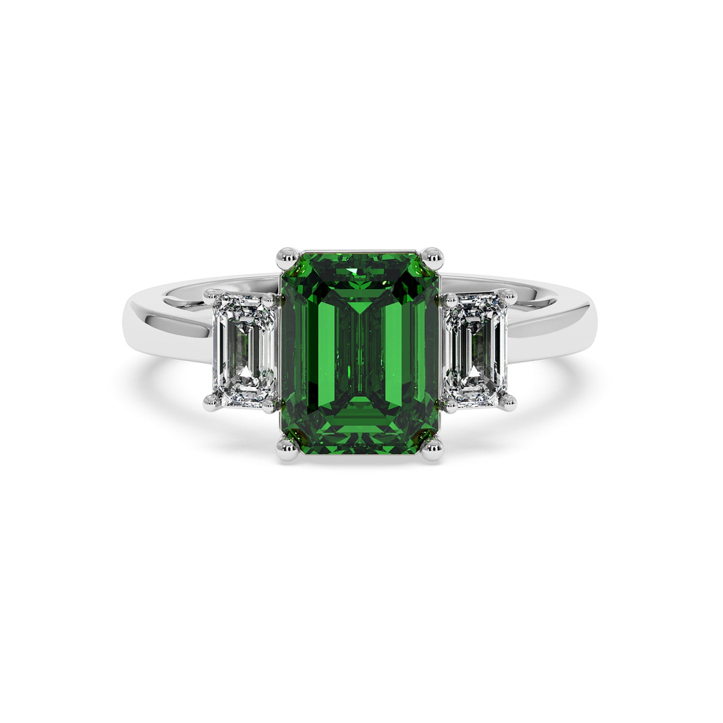 14k white gold 3.5 carat green YAG ring with emerald-cut center gemstone and two smaller white diamonds. Elegant design.