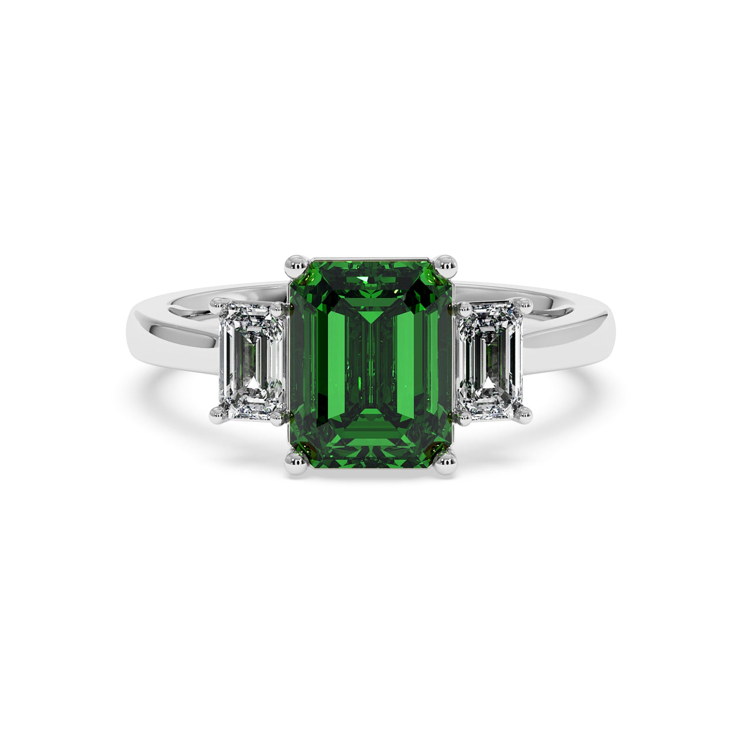 14k white gold 3.5 carat green YAG ring with emerald-cut center gemstone and two smaller white diamonds. Elegant design.