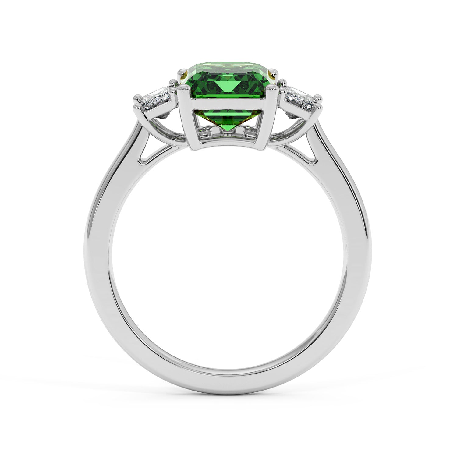 14k white gold 3.5 carat green YAG ring with central gemstone in prong setting and small clear stones. Elegant design.