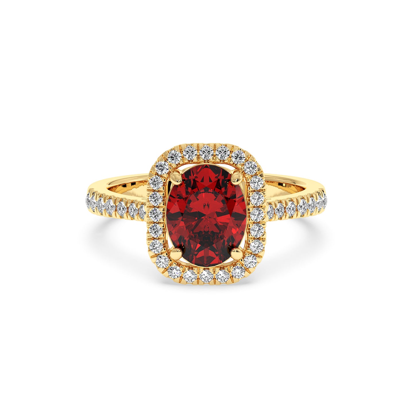 14k gold ring with a 2.50CT oval red ruby surrounded by small sparkling diamonds, with diamond accents on the band for an elegant look.