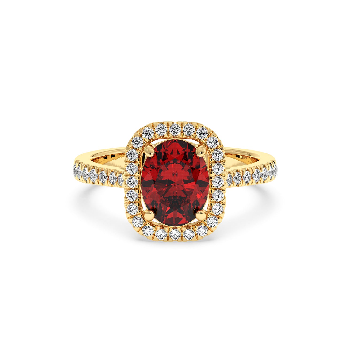 14k gold ring with a 2.50CT oval red ruby surrounded by small sparkling diamonds, with diamond accents on the band for an elegant look.