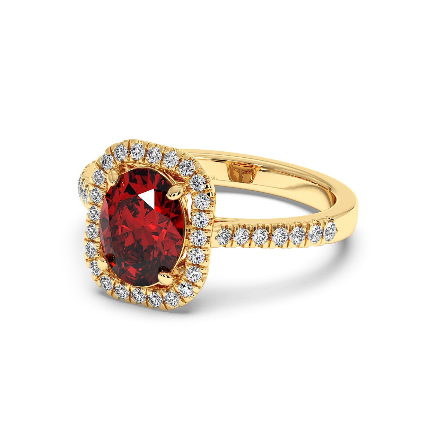14k gold ring with a 2.50CT oval red ruby surrounded by white diamonds and band diamond accents, creating an elegant look.