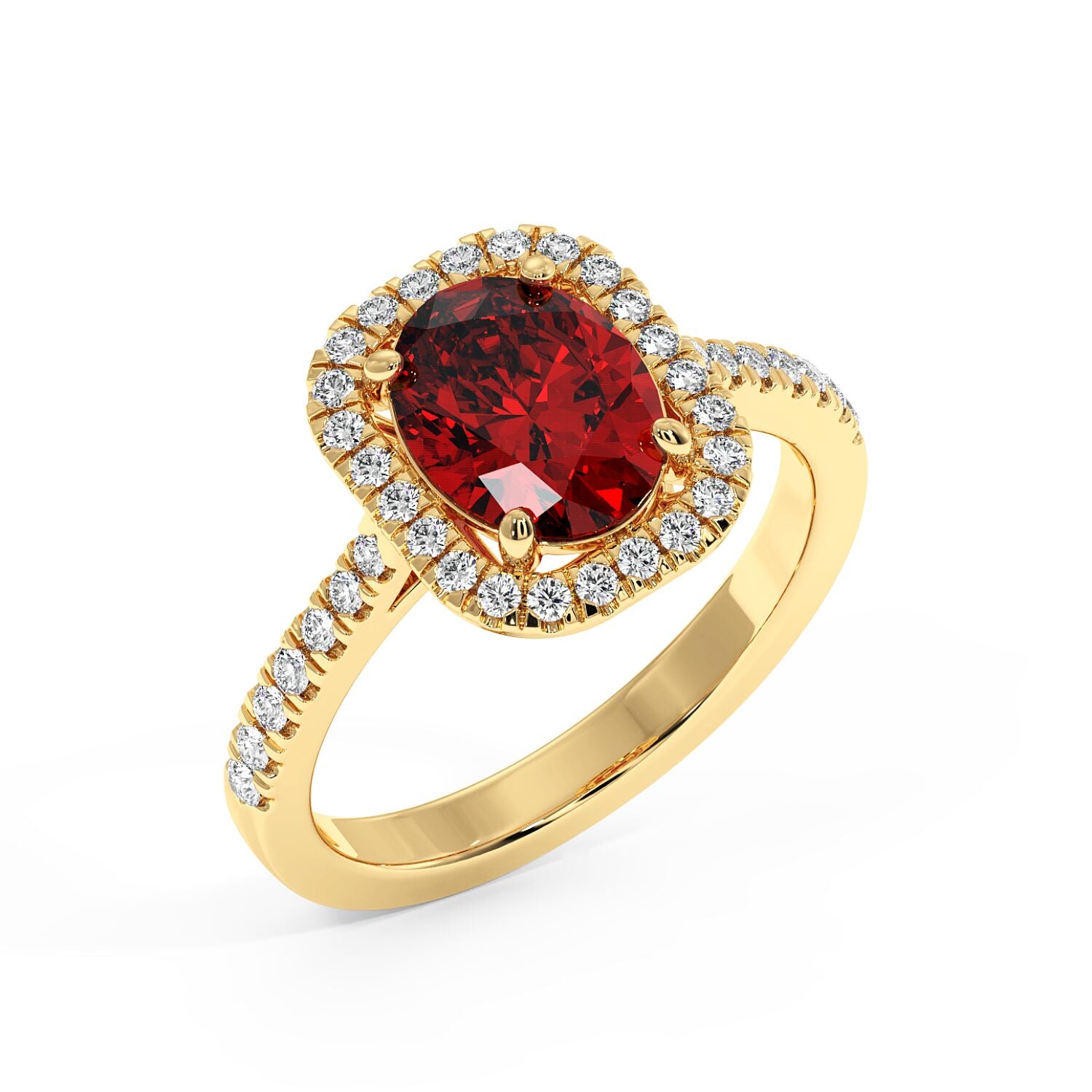 Top view of a 14k gold ring with a 2.50CT oval red ruby surrounded by small sparkling diamonds, with diamond accents on the band