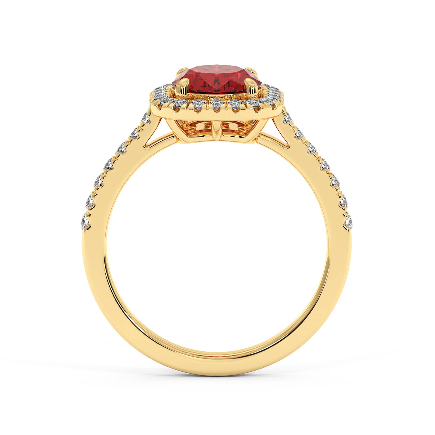A gold ring with a large 2.50CT oval red ruby and a halo of small diamonds on a 14k gold band, exuding elegance.
