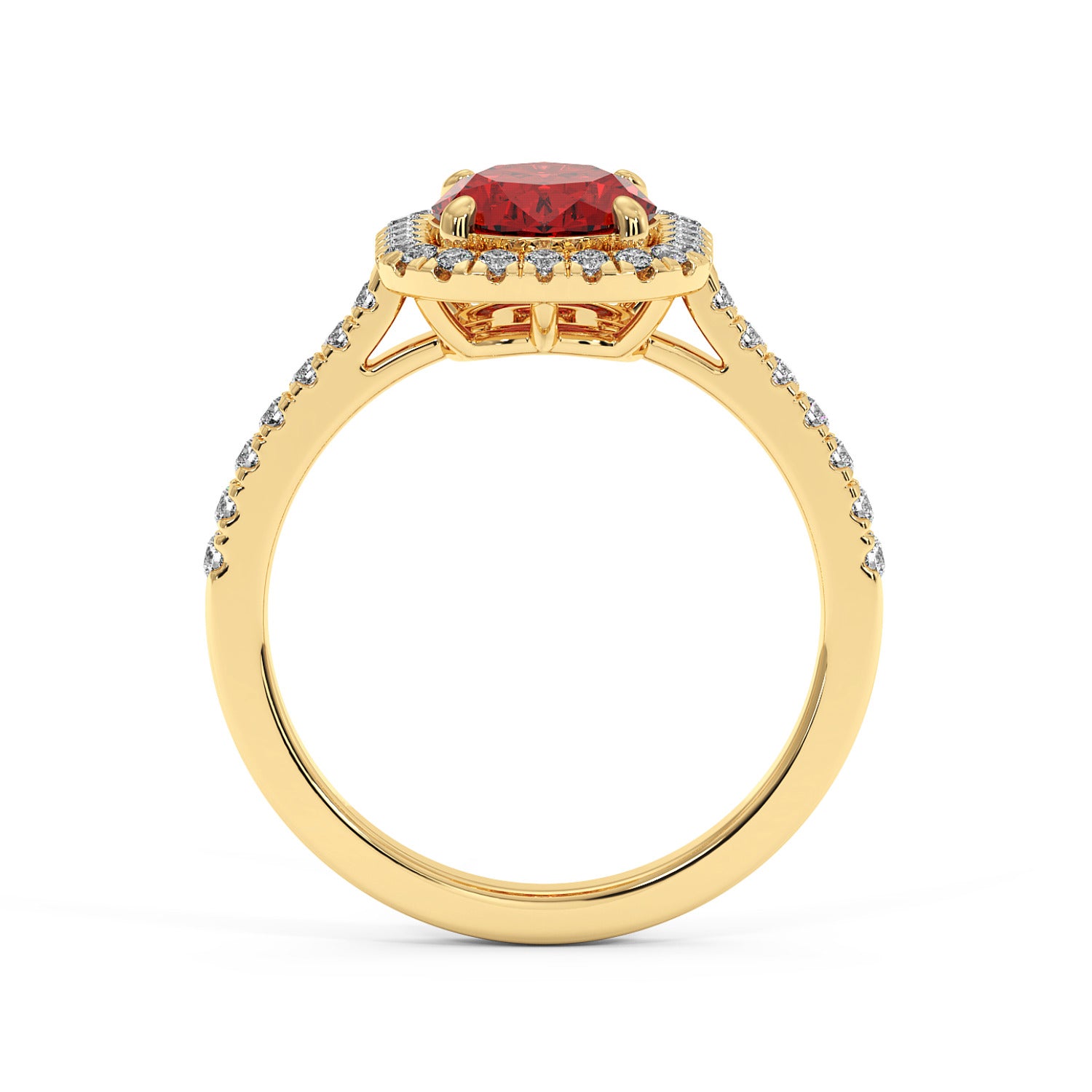 A gold ring with a large 2.50CT oval red ruby and a halo of small diamonds on a 14k gold band, exuding elegance.