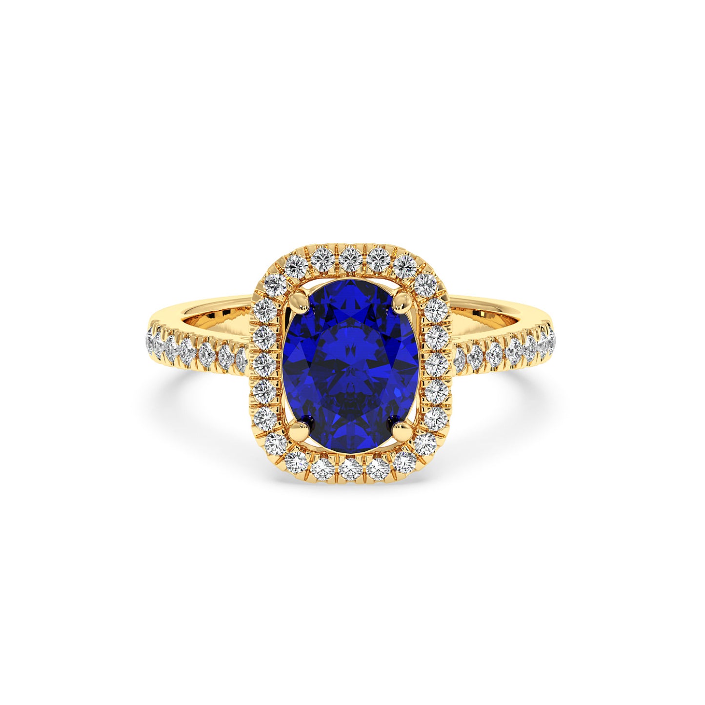 2.50CT oval blue sapphire in 14K gold ring with diamond halo and diamond-accented band