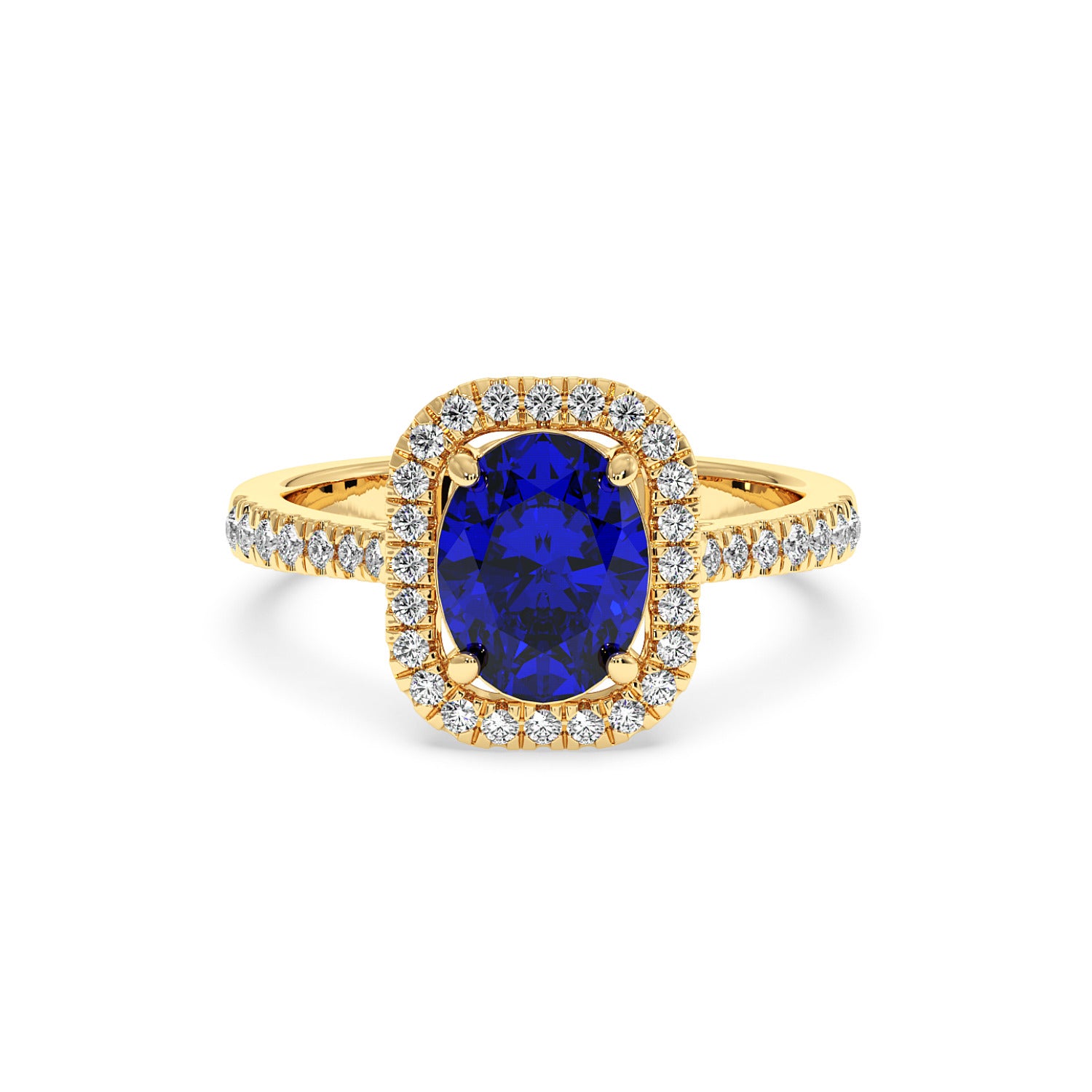 2.50CT oval blue sapphire in 14K gold ring with diamond halo and diamond-accented band