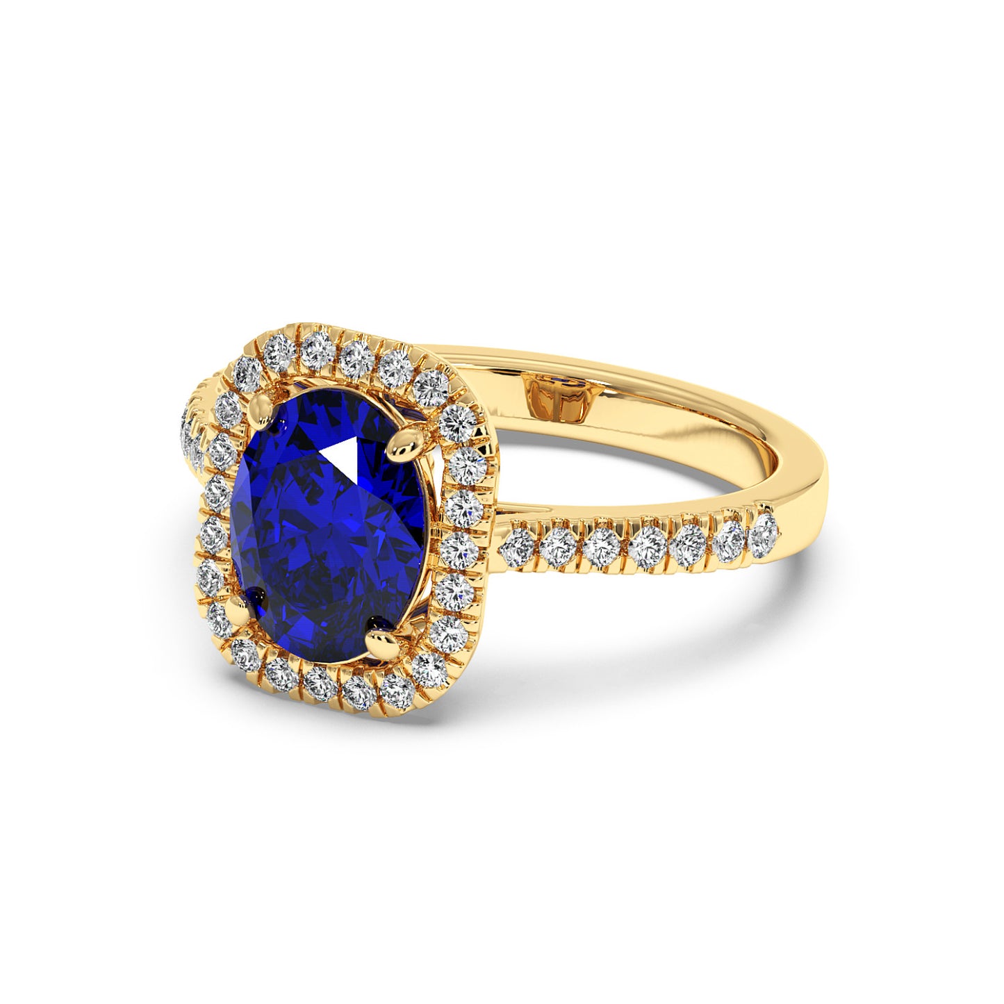14k gold ring with oval blue sapphire at the center, surrounded by a halo of small clear diamonds on the band and setting.
