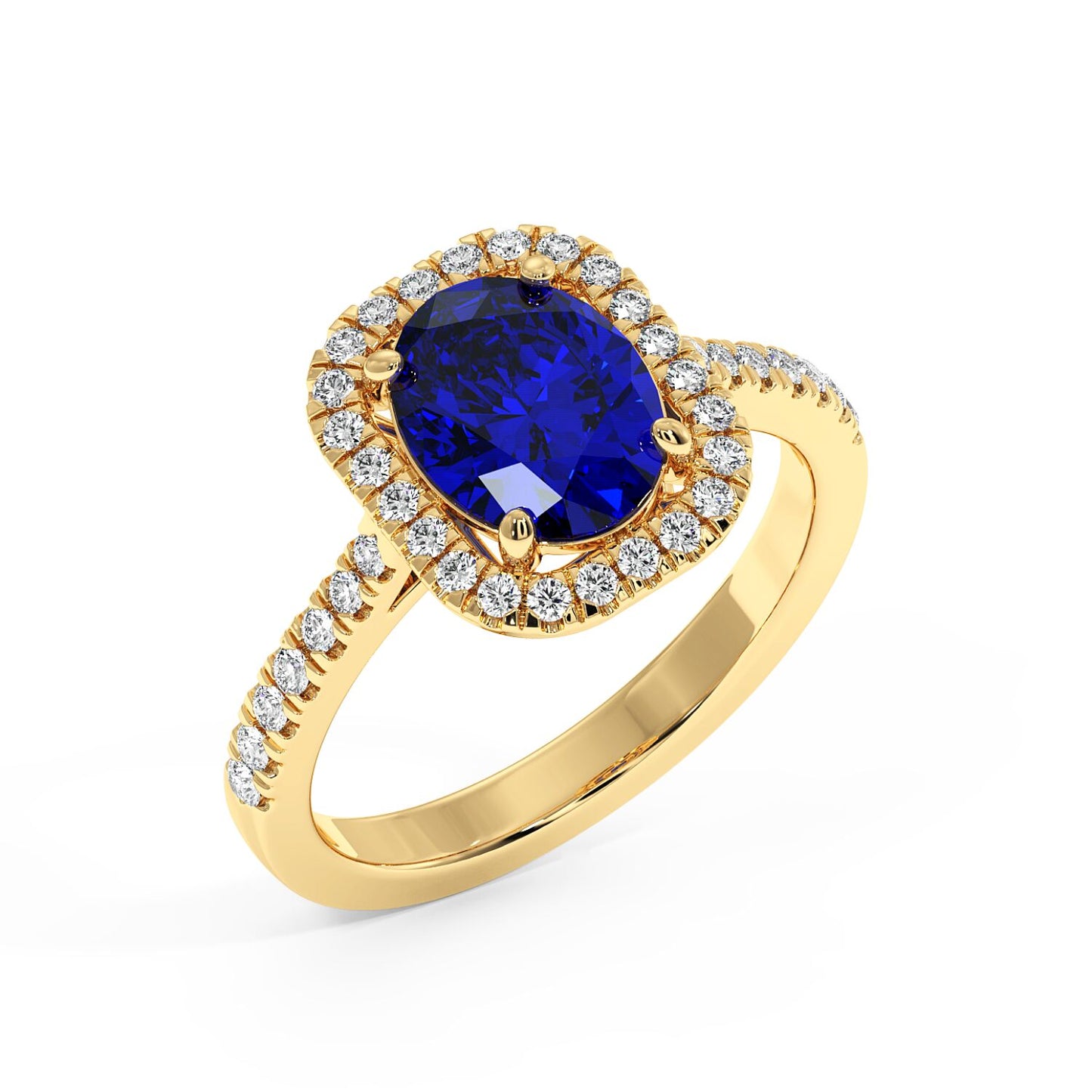 Top view of 2.50CT oval blue sapphire in 14K gold ring with diamond halo and diamond-accented band