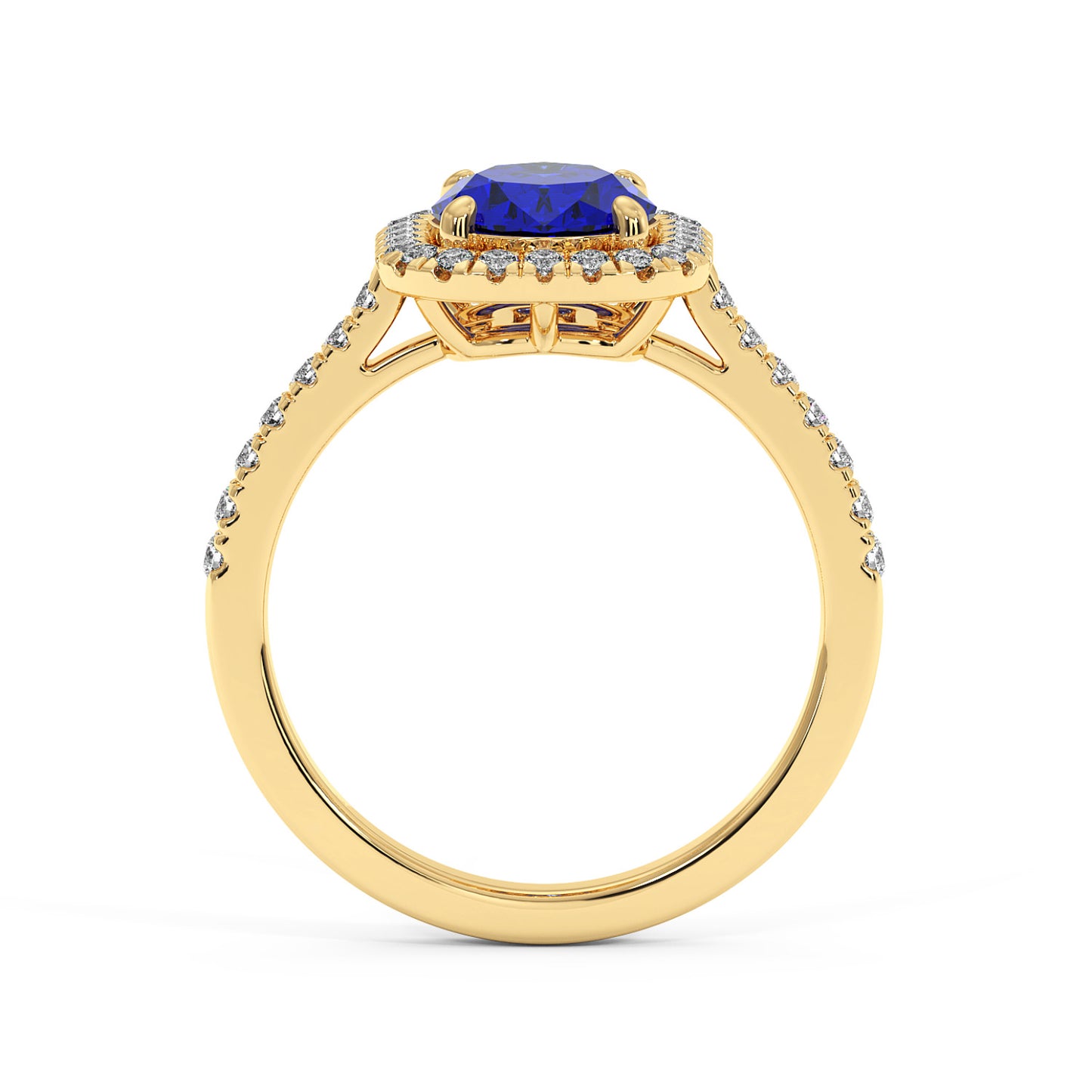 14k gold ring with 2.50CT Oval blue sapphire in center, halo diamonds and diamond band